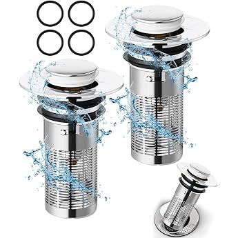 Pack of 2 Sink Drain Plugs Rebound Core Push Type Sink Plug Drain Strainer Universal Pop Up Drain Strainer with Anti Clogging Strainer for Drain Fittings Sinks Kitchens