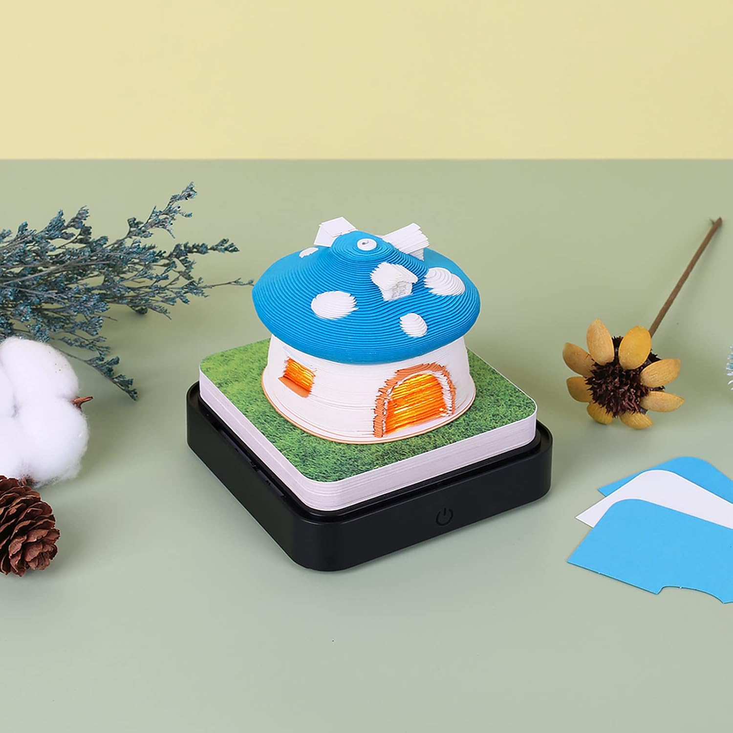 2026 Time Piece Calendar Memo Pad 3D Notes Notepad Mushroom Decoration Creative Desk Calendar DIY Paper Art Mushroom House Sculpture Gift,Blue