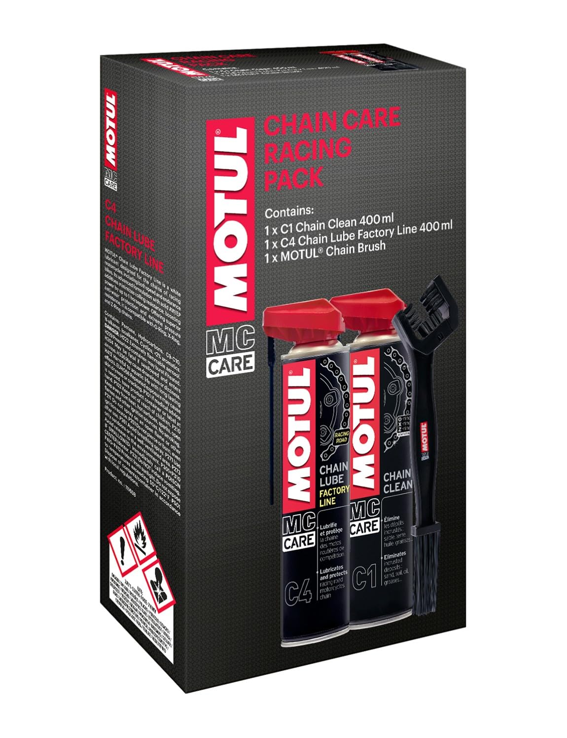 Motul - Kit d'entretien Chaîne Moto Routière de Compétition - Nettoyant MC Care Chain Clean C1 400ml + Lubrifiant MC Care Chain Lube Factory Line C4 400ml + Brosse Non Abrasive
