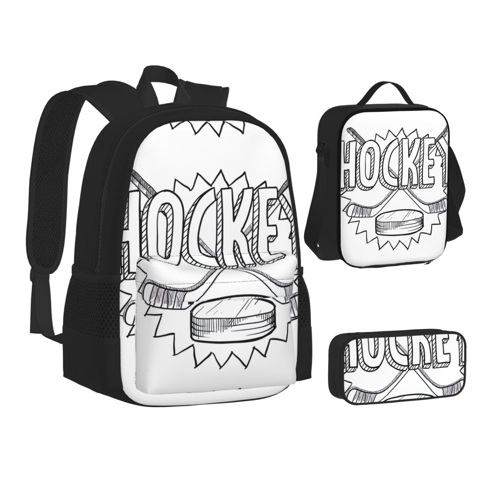 Sac à dos de grande capacité pour crosse de hockey - Sac à déjeuner, trousse à crayons - Ensemble de 3 pièces, pour l'école secondaire, Hockey, Taille unique
