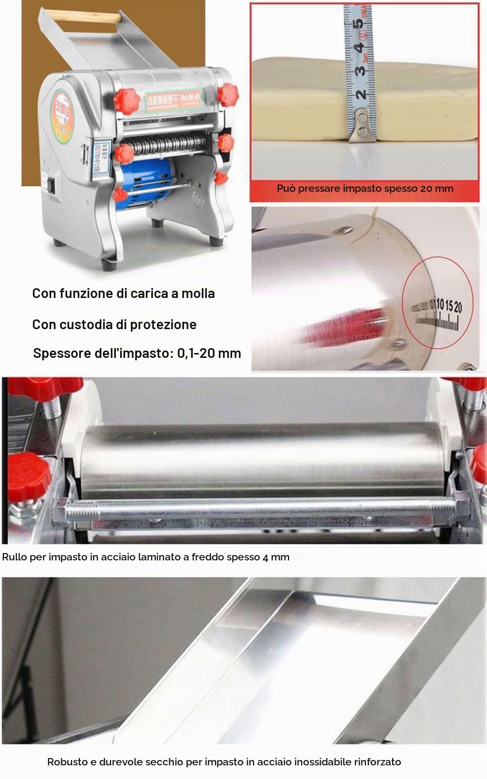 Macchina per Pasta Fresca Professionale,Macchina Pasta Fresca Elettrica per Noodle,Biscotti,Pizza,Sfogliatrice con Coperchio,Ritrazione Lama,Doughwidth24cm