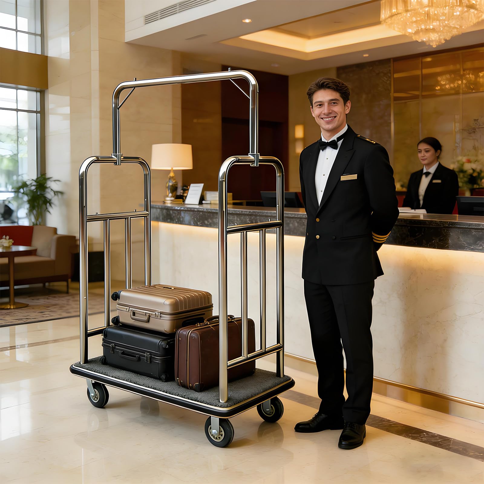 BANGBANGJI Carro de Equipaje para Hotel, Carro de Botones, con barandillas deflectoras y Ruedas de 6 Pulgadas. Capacidad de Peso de hasta 880 Libras para hoteles, condominios y complejos turísticos.