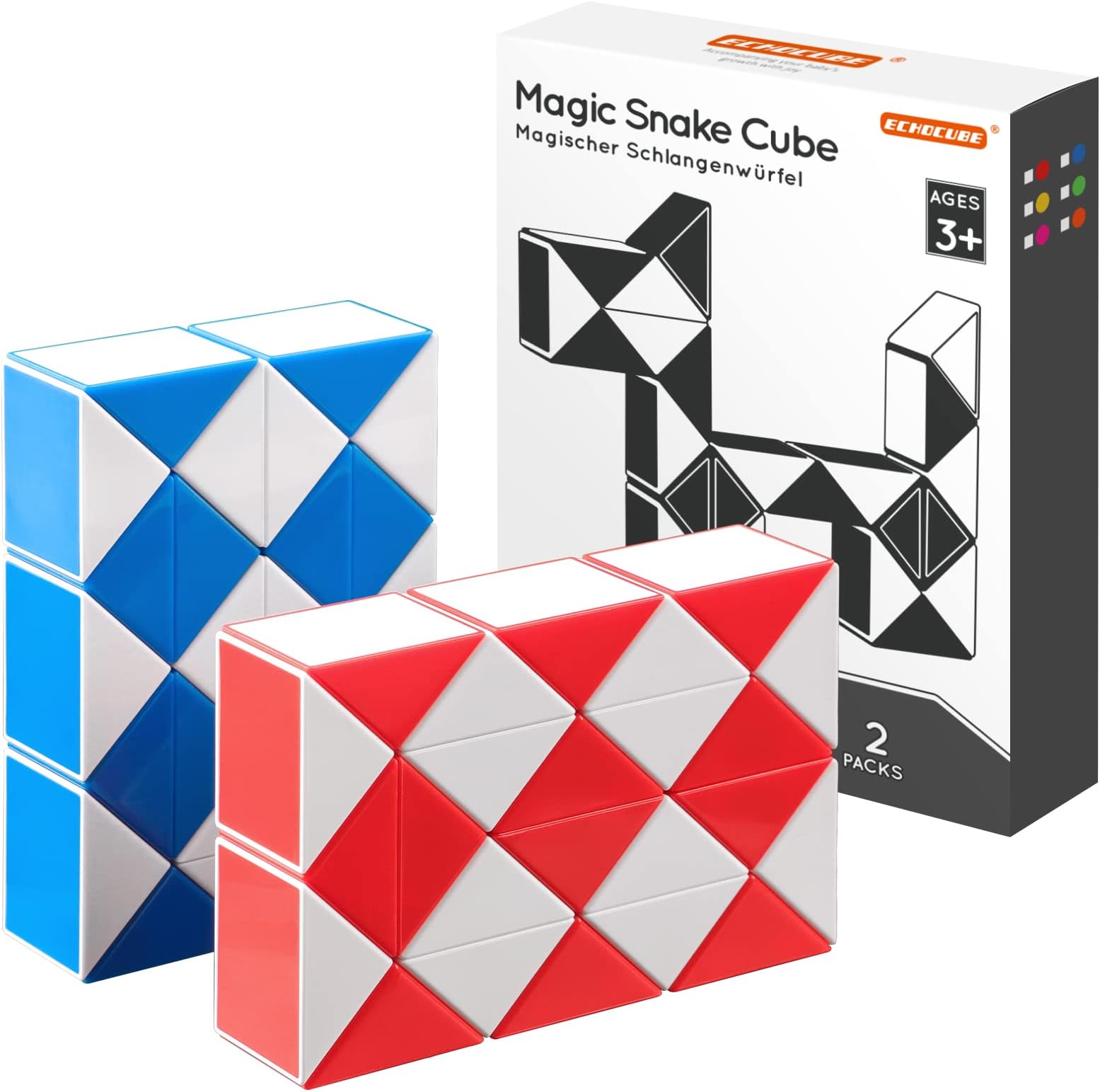 ECHOCUBE Magic Snake Cube, 2 Pack 24 Blocks Snake Speed Cube Party Bag Fillers for Kids, Twist Puzzle Toys Educational Snake Fidget Toys Party Favours