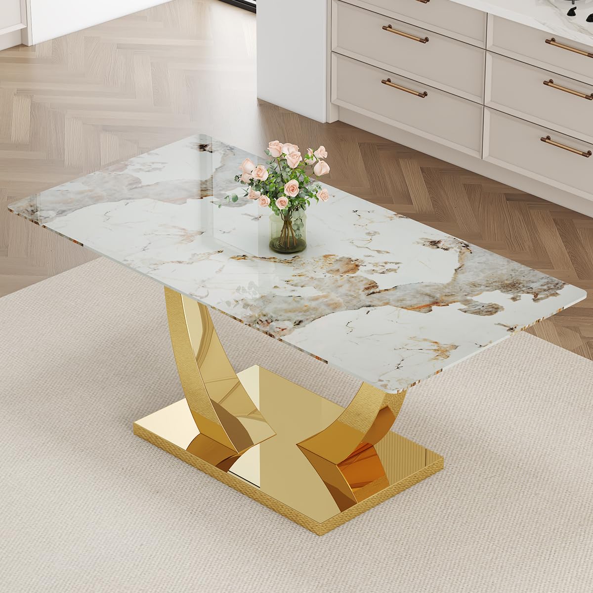 71' Faux Marble Dining Table - Dining Room Table for 6-8, Gold Kitchen Table with 0.4 Thickened Marble Pattern Tempered Glass Top and Golden Rectangular Base