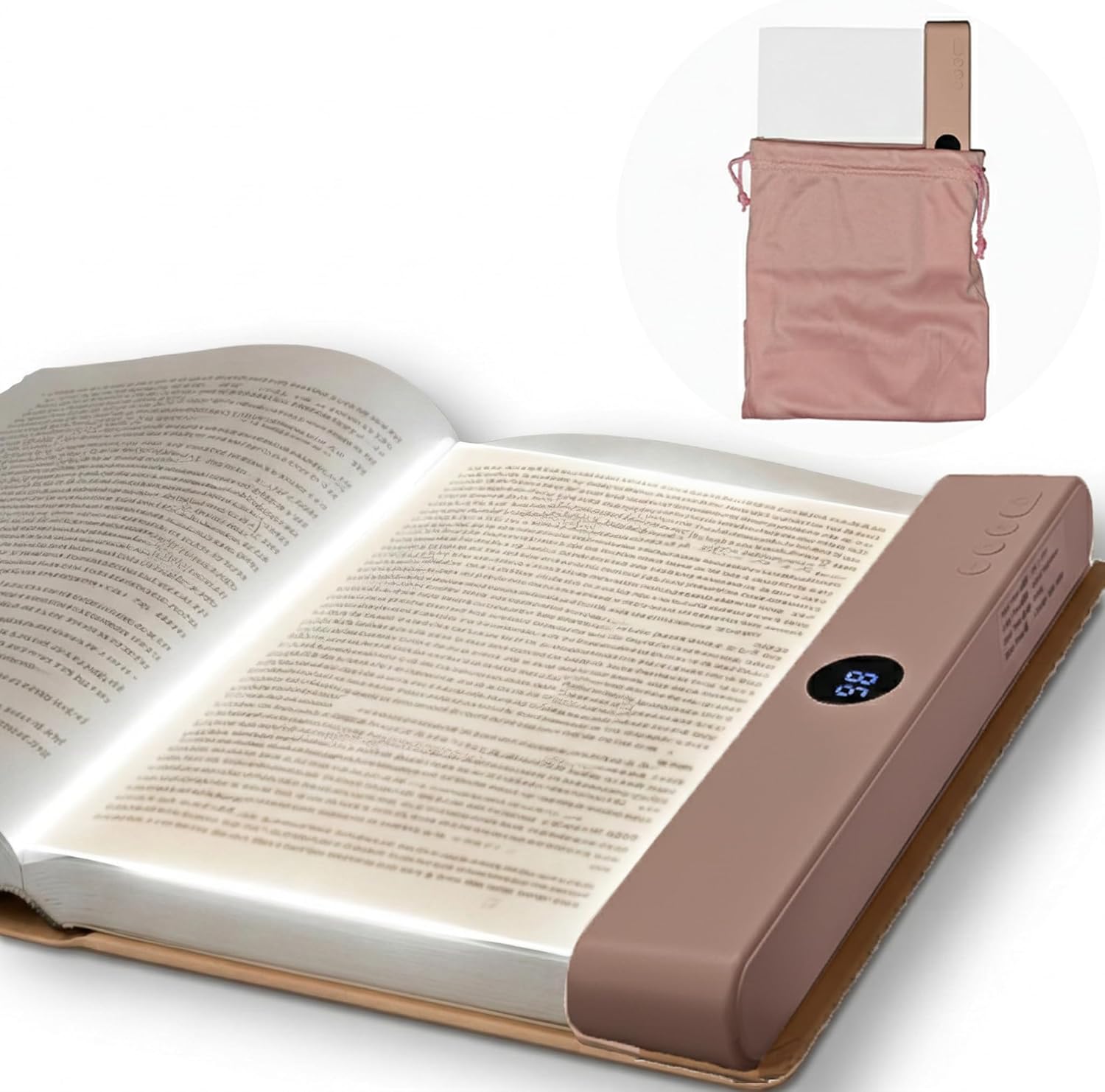 Book Light for Night Reading, Rechargeable Flat Page Light with Even Illumination & Eye-Friendly Dimming, Protective Scratch-Free Pouch Included, Portable Lamp for Bed, Airplane & Travel (pink)