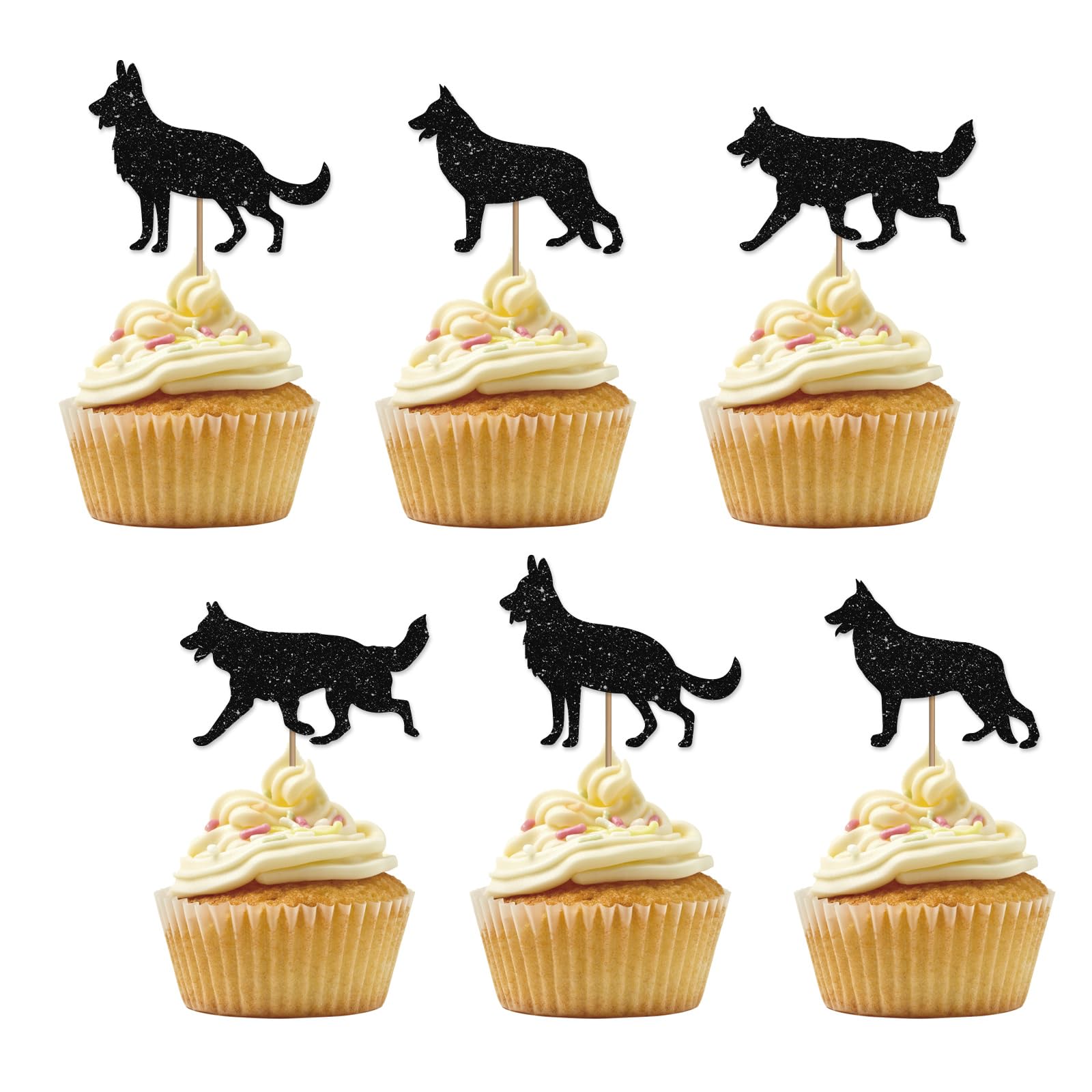Set of 24 German Shepherd Cupcake Toppers, Dog Cupcake Toppers, Black Glitter Pet Puppy Birthday Cupcake Picks for Kids, German Shepherd Party Supplies