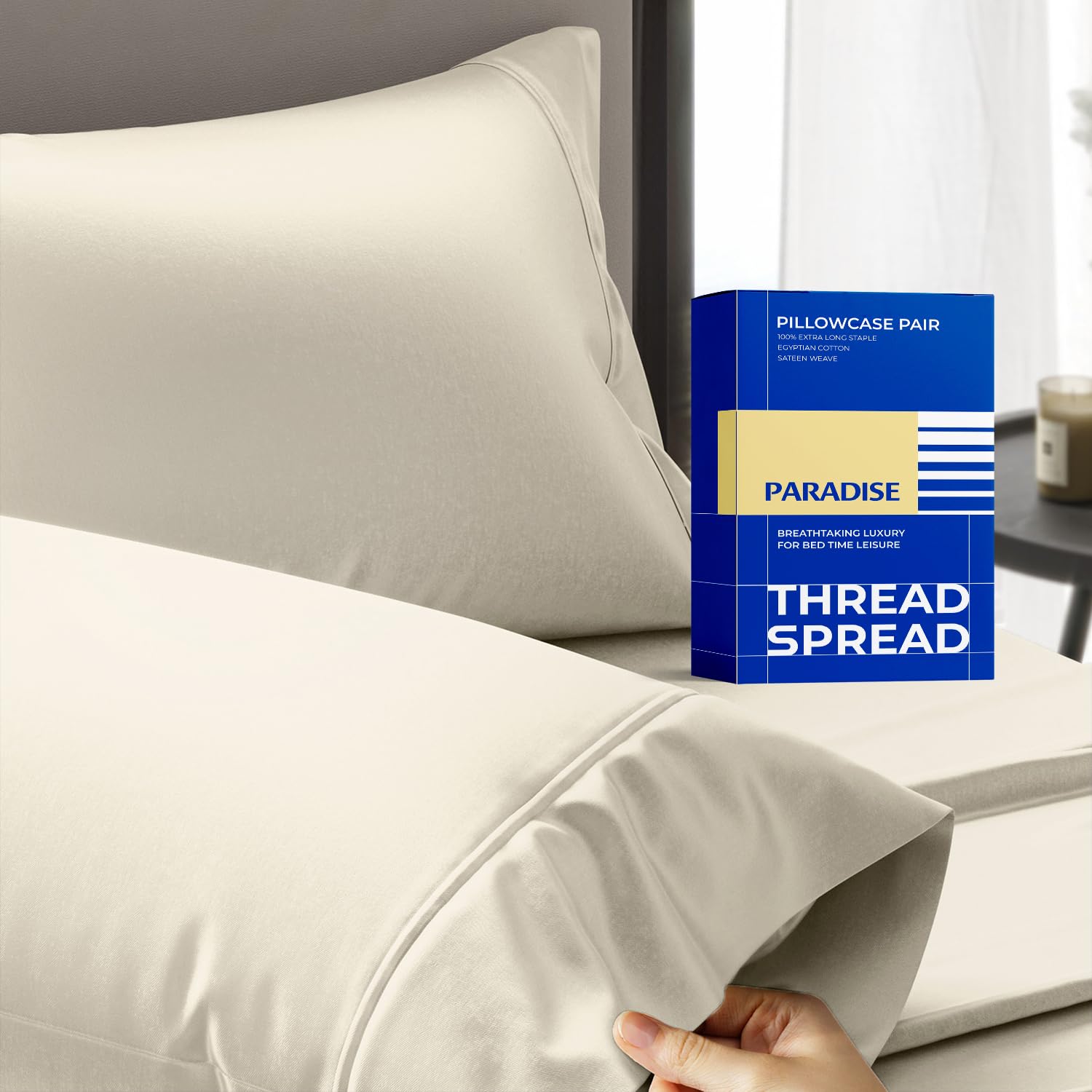 THREAD SPREAD TS-PC-1000TC-KING-IVORY 100% Egyptian Cotton 1000 TC 2pc King Pillowcases, Cream