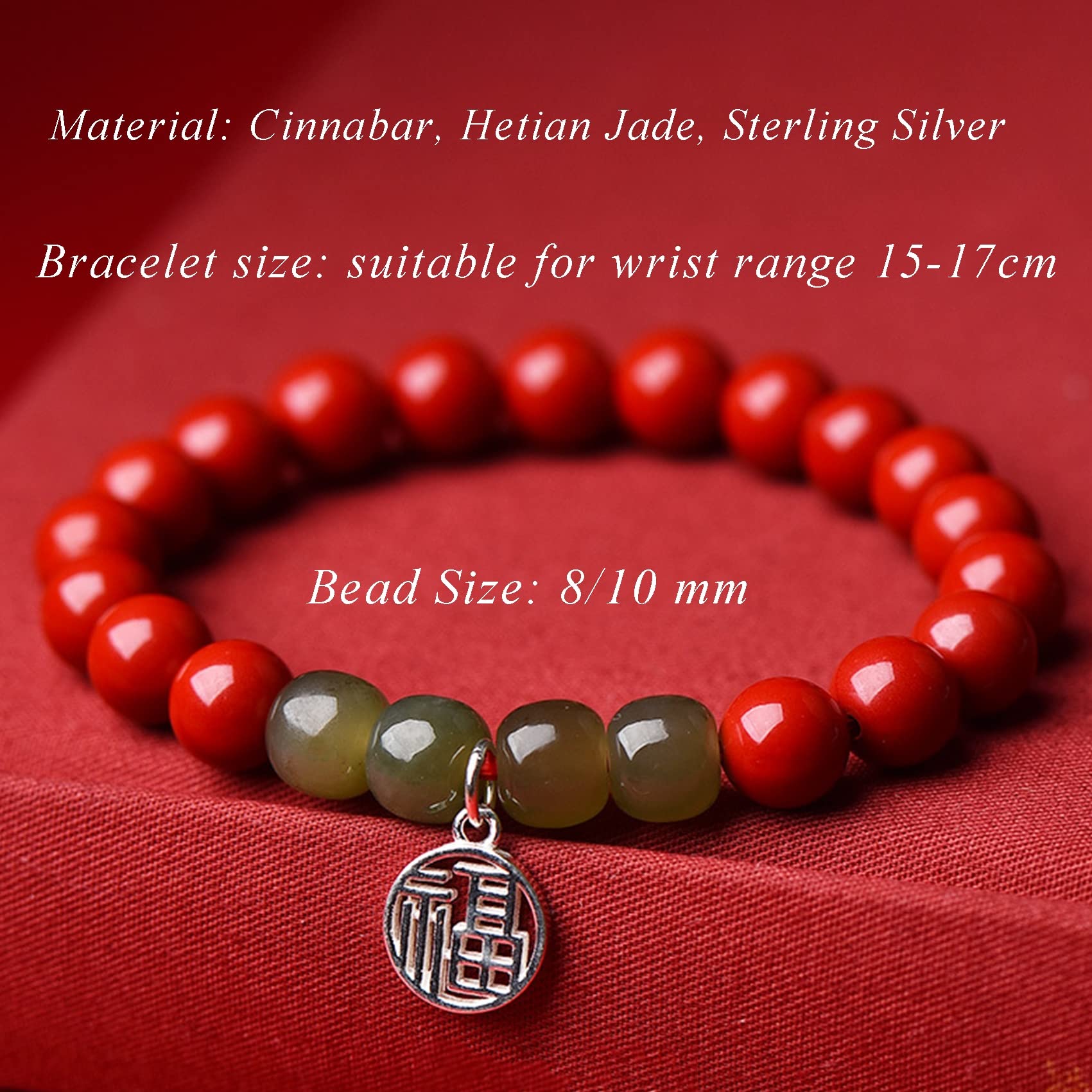 Braccialetto di perline Braccialetto di pietra di cristallo di cinabro Braccialetto di amuleto Feng Shui Braccialetto di fascino fortunato in argento sterling for le donne Braccialetto di giada natura