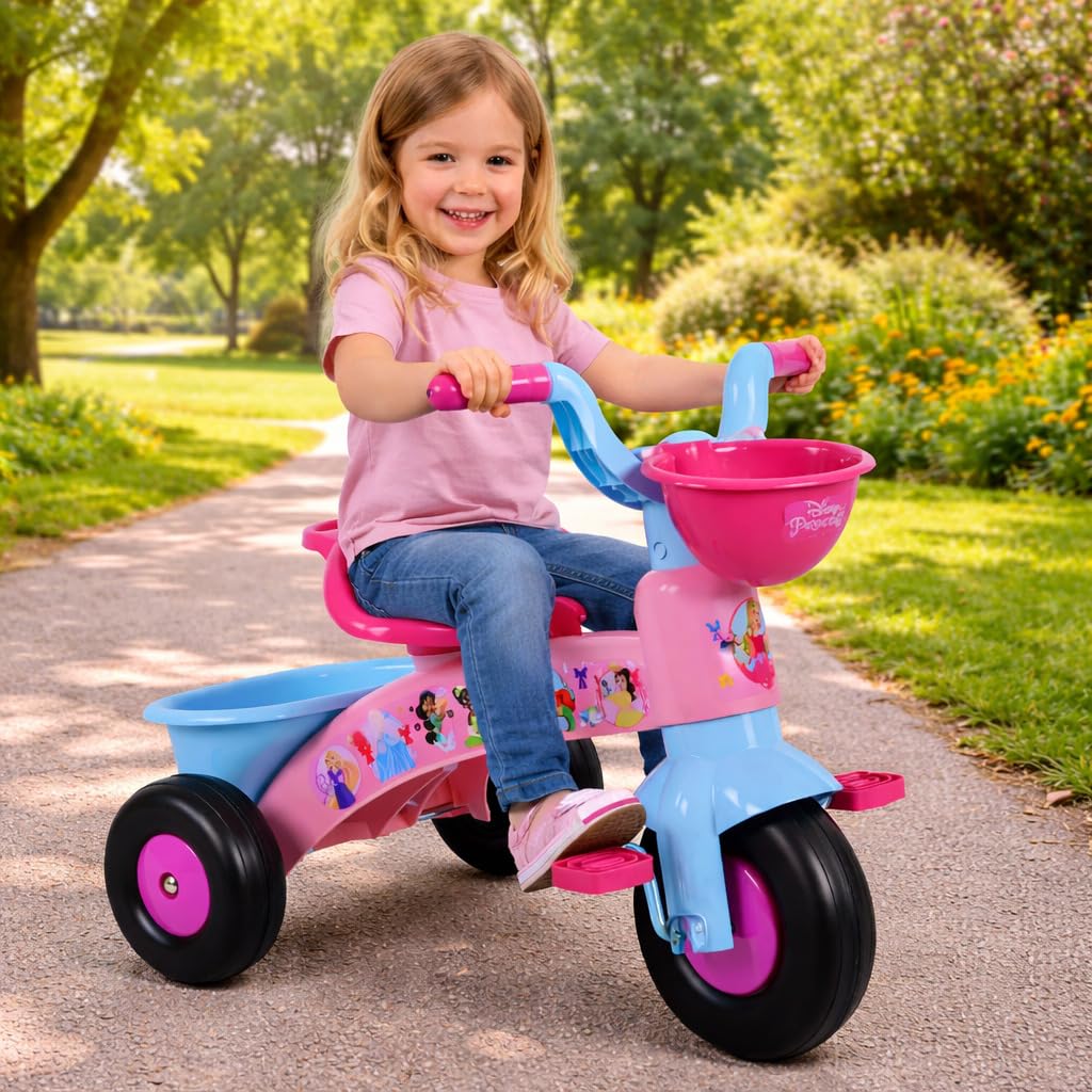 Triciclo Principesse Bambina 1-3 Anni con Cestino Porta Giochi 3 Ruote Stabile Ergonomico Sicuro fino 25 kg Triciclo Bambini Rosa
