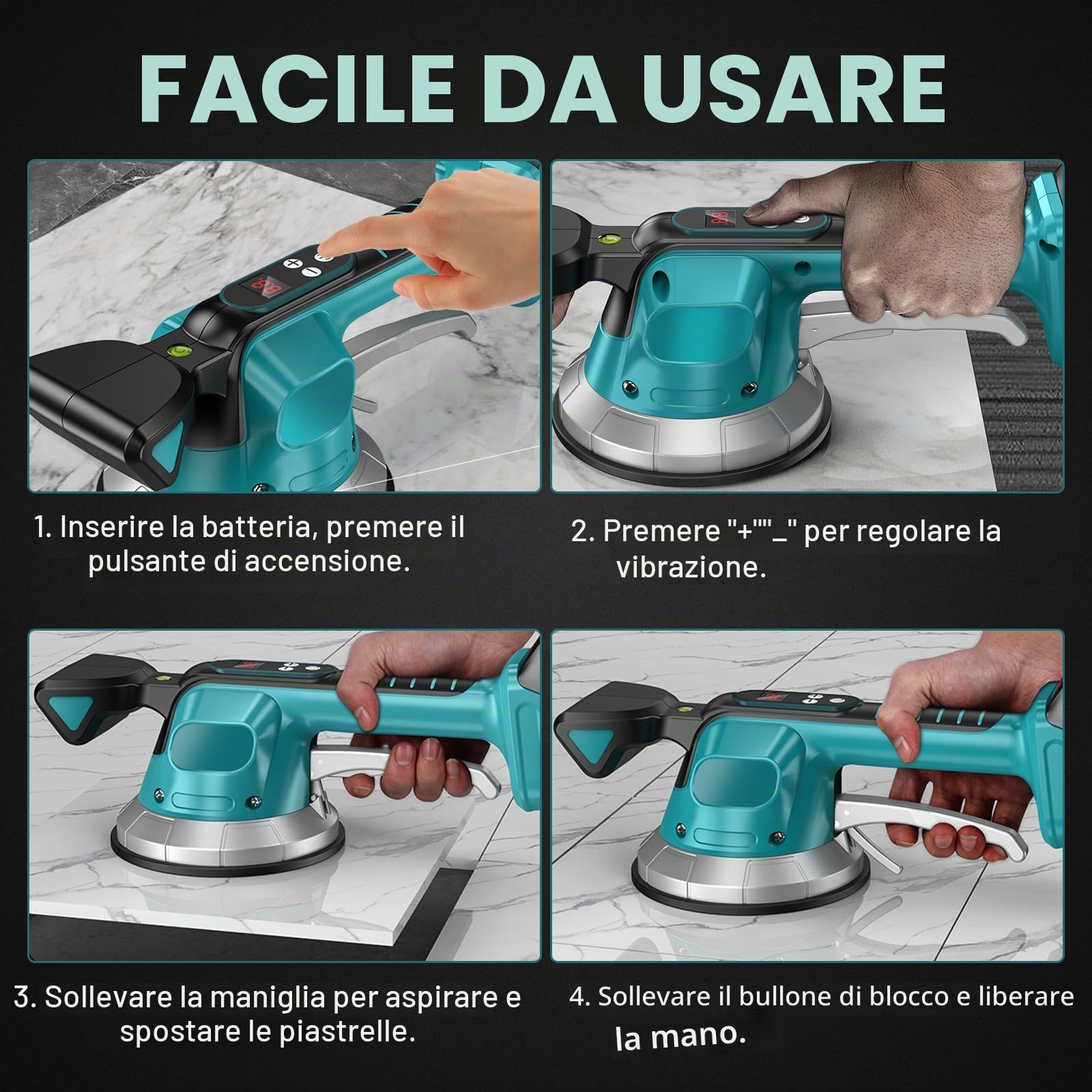 Batteria vibratore per piastrelle, compatibile con batteria Makita da 18 V, strumenti per piastrellista con 10 marce regolabili, ventosa da 14,5 cm e assorbimento da 200 kg per piastrelle da 30 a 240