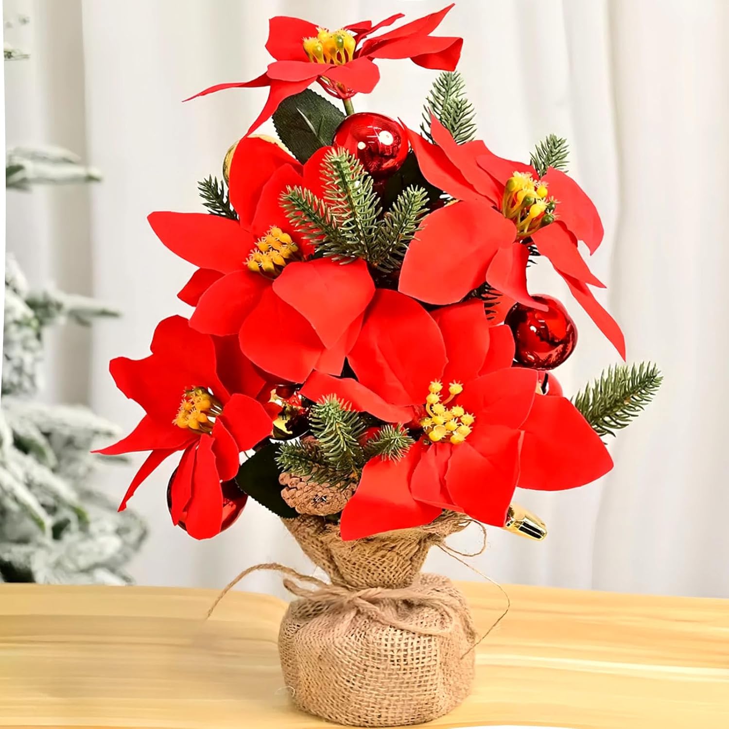 Artificial Poinsettias Flowers Bouquet Large Premier Silk Poinsettia Plant Artificial Flowers Pot Centerpiece Table Decoration for Dining Room,Home Office Christmas Decoration (Red)