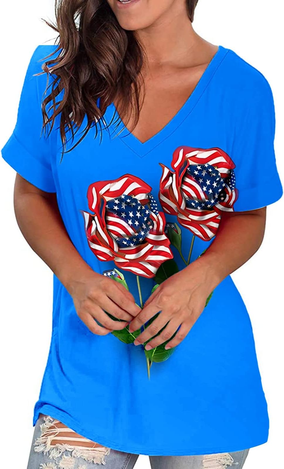 Ceboyel Women American Flag T Shirts V Neck Lace Sleeve Blouses USA Patriotic Tunic Tops July 4Th Ladies Dressy Outfits 2023
