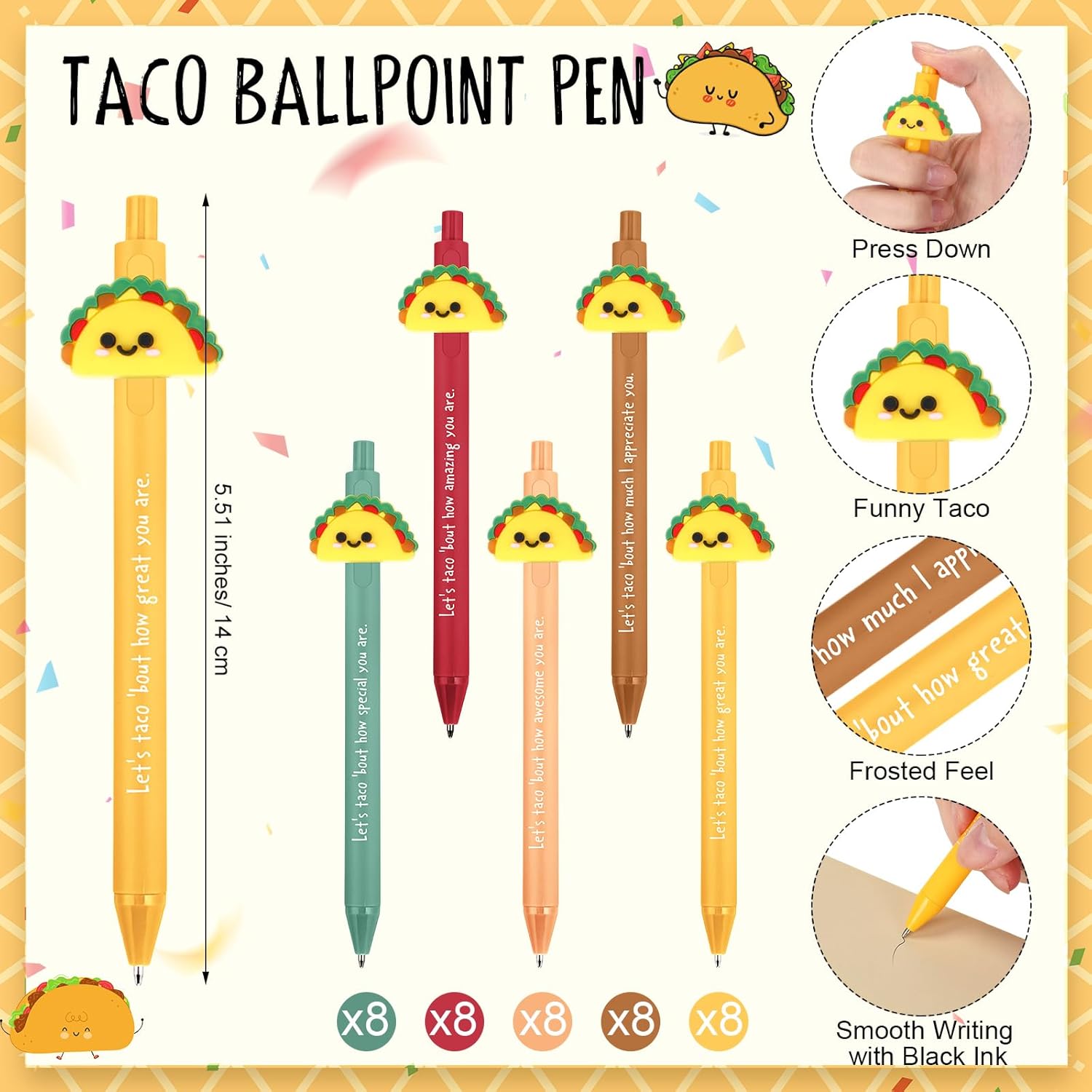 Sayglossy 40 Set Positive Taco Gift Bulk Funny Positive Taco Ballpoint Pen with Inspirational Bookmark Employee Appreciation Gift for Coworker Staff Nurse Teacher Cinco De Mayo Party Favors