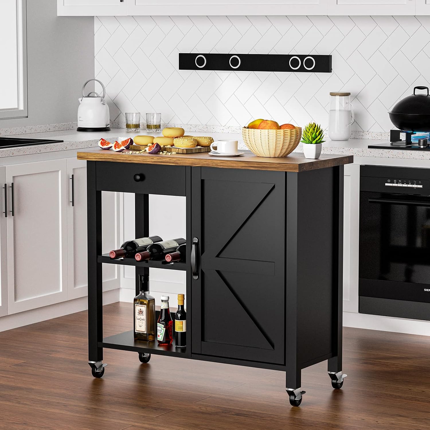 4 EVER WINNER Kitchen Cart with Storage on Wheels Small, Rolling Kitchen Island Cart on Wheels with Barn Doors, Wooden Countertop, Storage Drawer, Adjustable Shelf, Lockable Wheels, Black