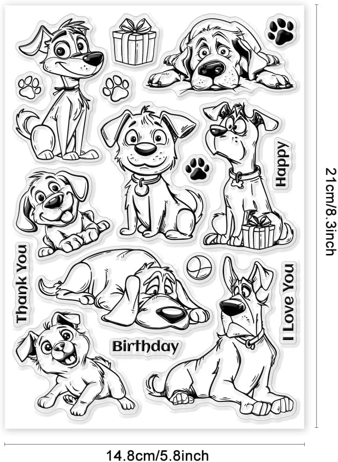 GLOBLELAND Cartoon Dog Clear Stamps for Cards Making Birthday Themed Dog Clear Stamp Seals 5.83x8.27 inch Transparent Stamp for DIY Scrapbooking Photo Album Journal Home Decoration