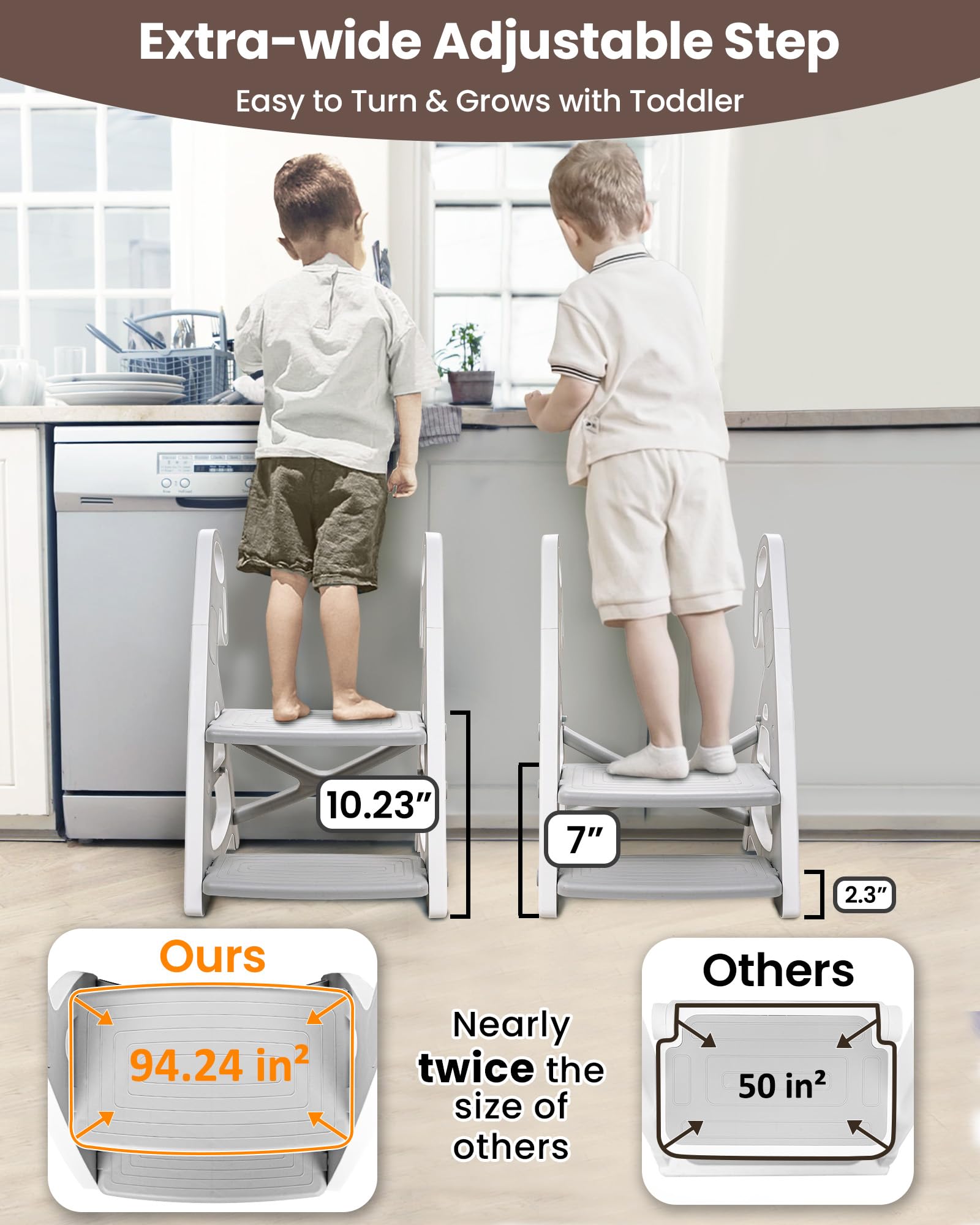Primlect Vasino WC 2 in 1 stabile vasino con sgabello | Sedile e gradino regolabile in altezza, extra largo, tappetino antiscivolo, paraspruzzi, per bambini e bambine, colore grigio
