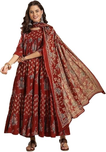 ANNI Designer Women's Pure Cotton Block Hand Print Anarkali Kurta Set with Dupatta | Floral Printed Suit Set for Women|Ana...