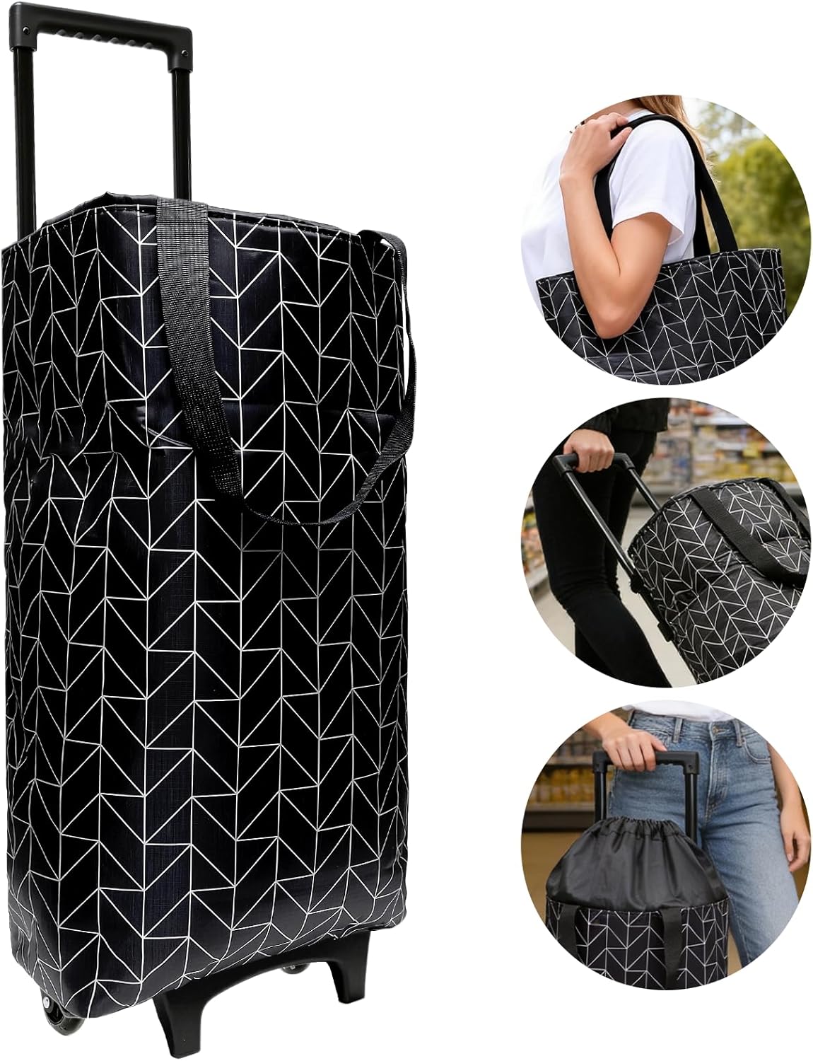 Large Foldable Wheeled Shopping cart, Insulated Waterproof Reusable Grocery Bag, Portable Tote for Supermarket Shopping, Travel & Camping (Black)