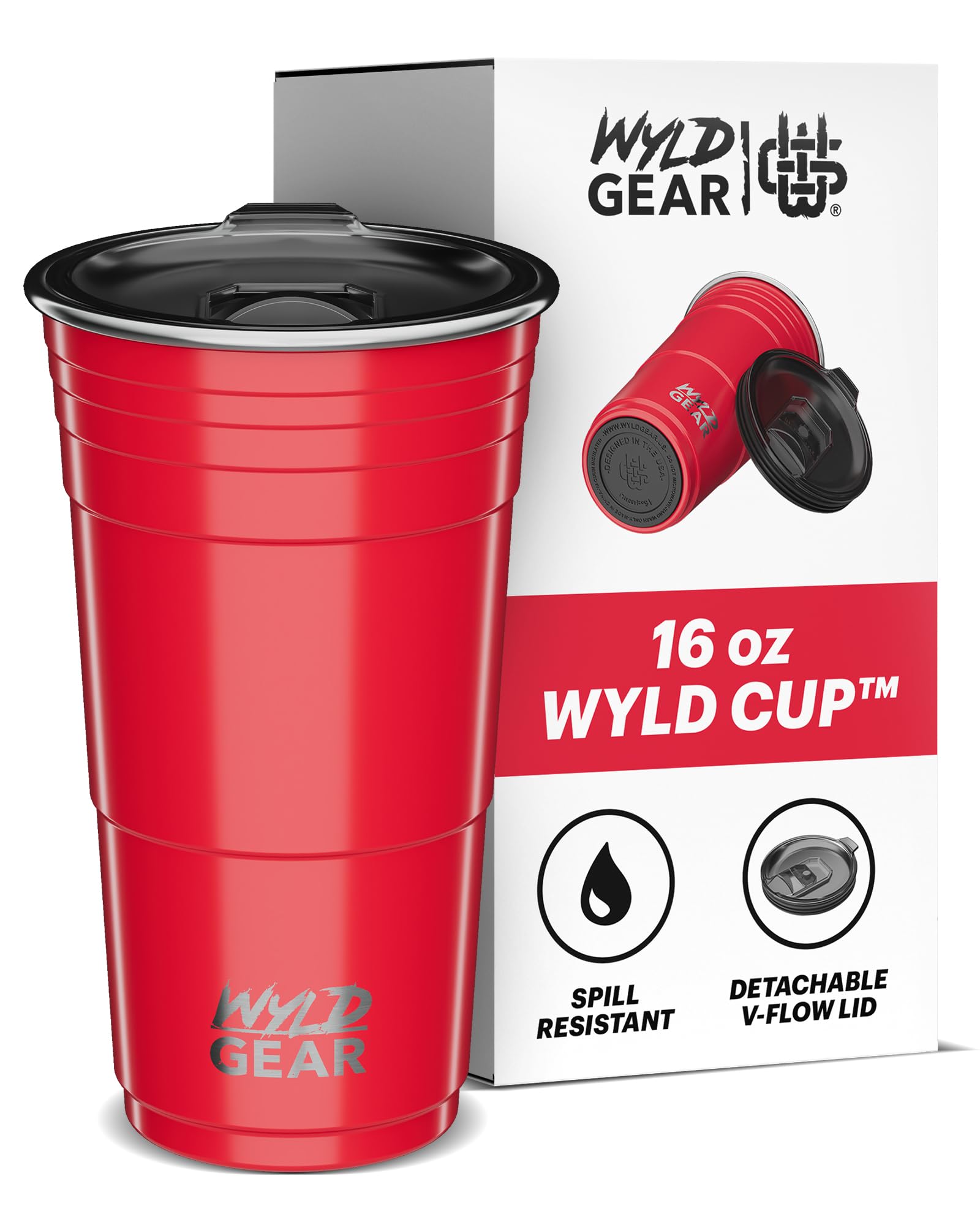 Wyld Gear Party Cup 16oz Red Stainless Steel Reusable Metal Cup with Lid