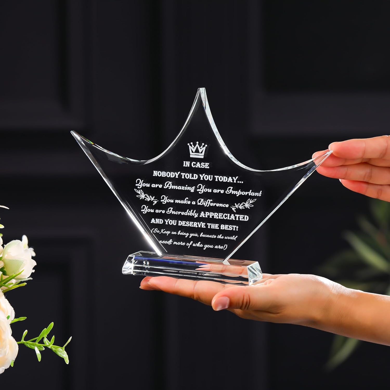 Qianwei Inspirational Gift Ideas - Crystal Crown Engraved Thank You Gifts for Women Men Friends - Appreciation Gifts for Coworker - Motivational Quote Clear Desk Sign Home Office Desk Decor