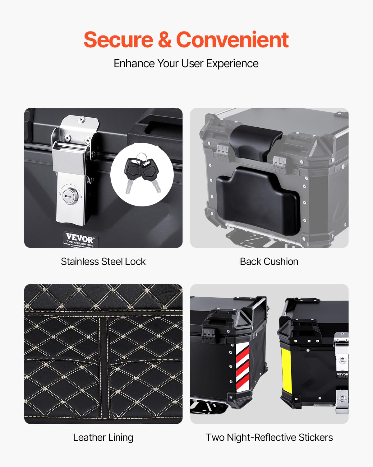 VEVOR Top Case pour Moto 55 L, Valise Porte-bagages Universel en Alliage d'Aluminium avec Doublure en Cuir, Coffre Arrière de Moto Amovible et Étanche, avec Serrure et Coussin de Dossier, pour Scooter