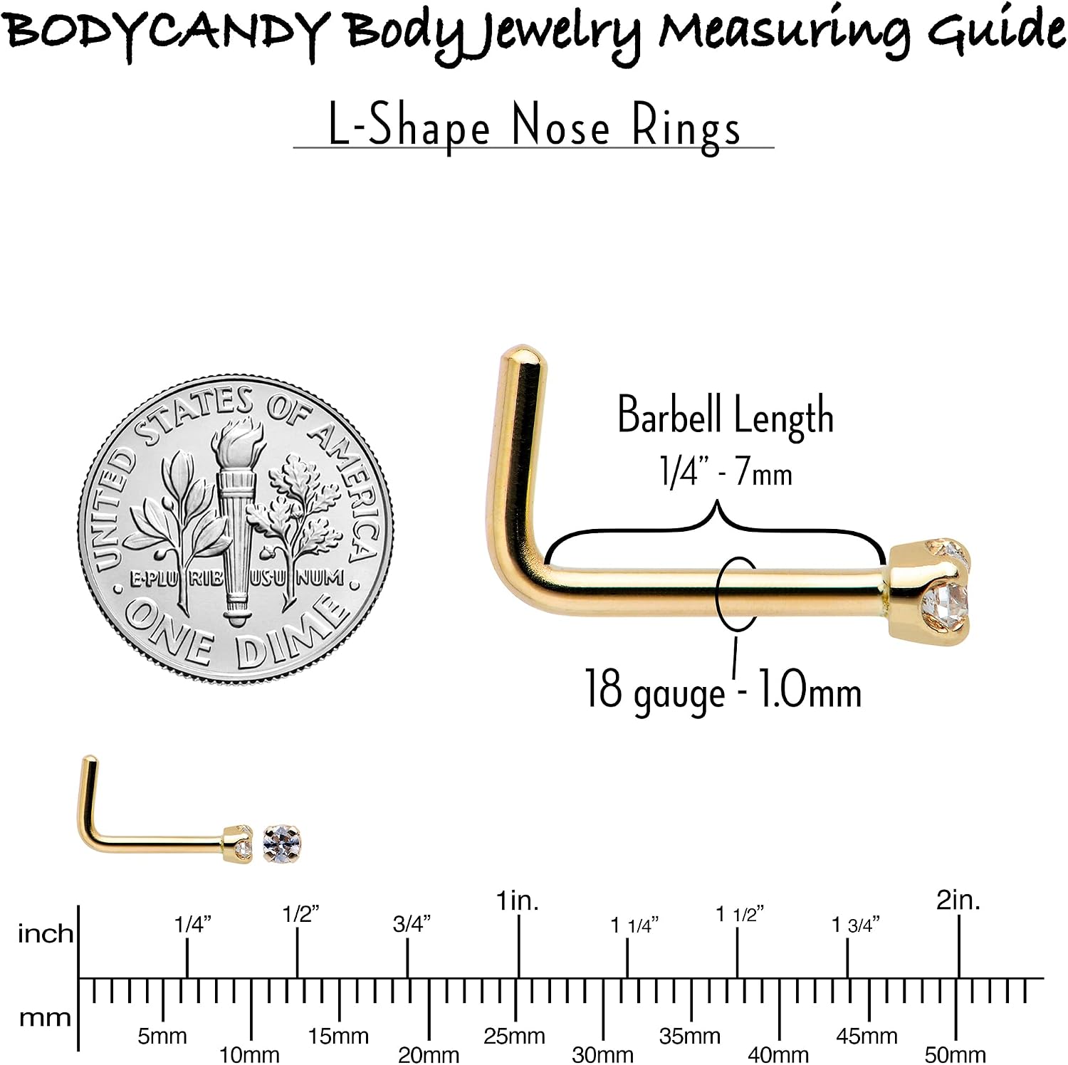 Body Candy Solid 14k Yellow Gold 2mm Clear Cubic Zirconia L Shaped Nose Stud Ring 18 Gauge 1/4"