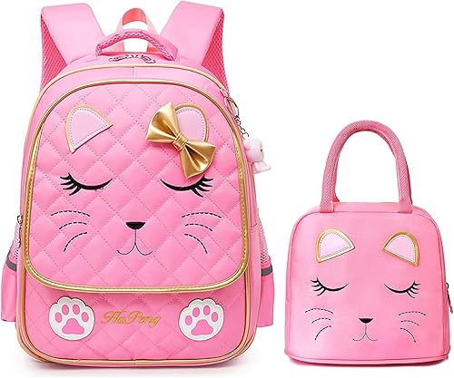Mochila escolar rosa con diseño de gato lindo con bolsa de almuerzo para niñas de 8 a 16 años, bolsas de escuela primaria, bolsas para libros para