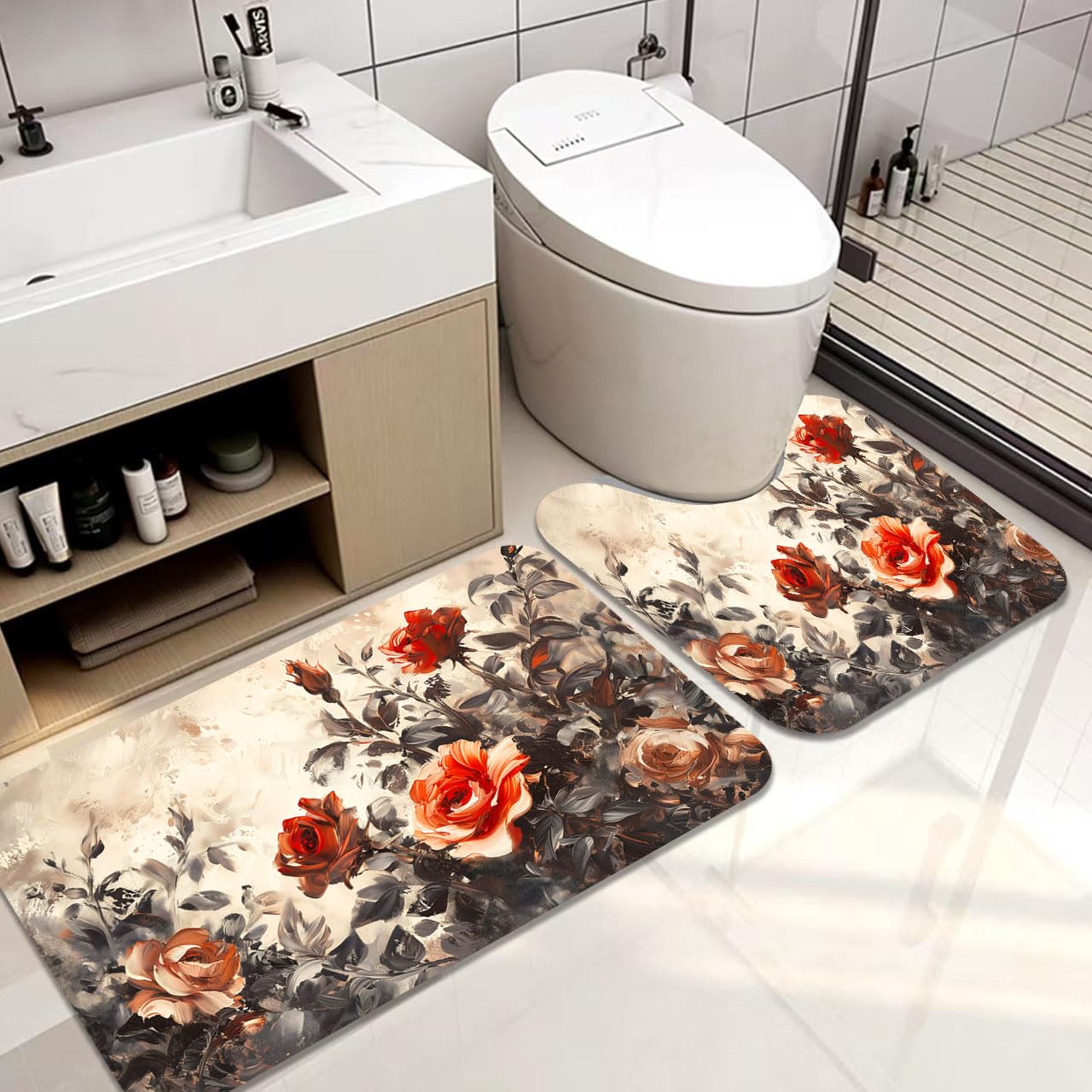 ENSFTF 2-Piece Bathroom Mat Set,Vintage Roses Pattern Non-Slip Washable Bath Mats, Water Absorbent Toilet Rugs for Bathroom Floor 50 x 80 cm + 50 x 60 cm