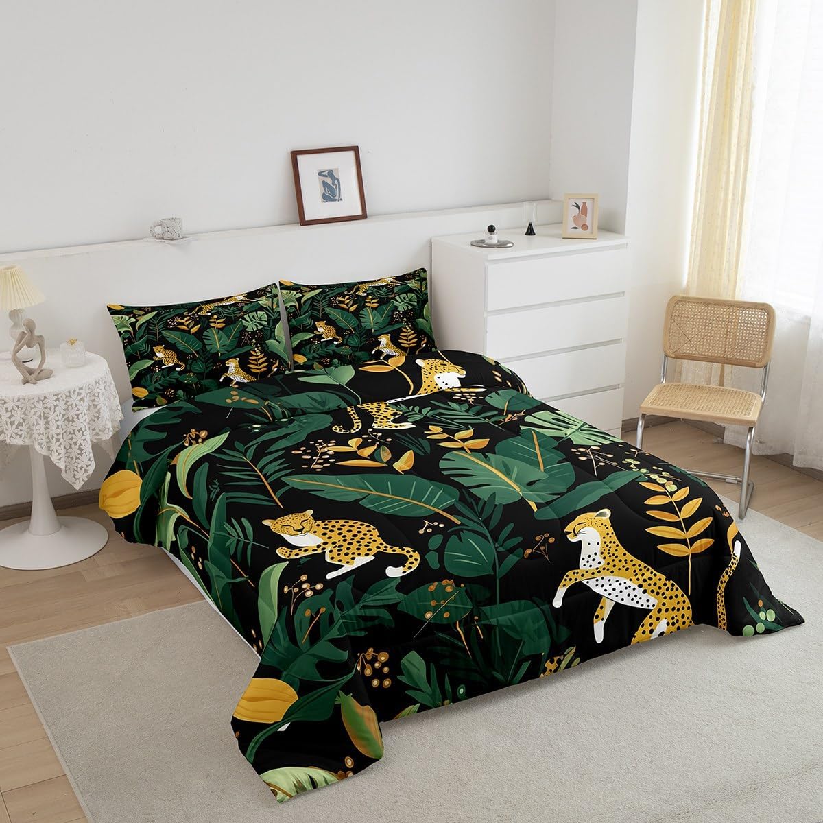 Feelyou Cheetah Comforter Set Queen Size Leopard Bedding Set for Boys Teens Decor Tropical Leaves Comforter Safari Duvet Set Bedroom Animal Print Quilt Set 3Pcs - Image 3