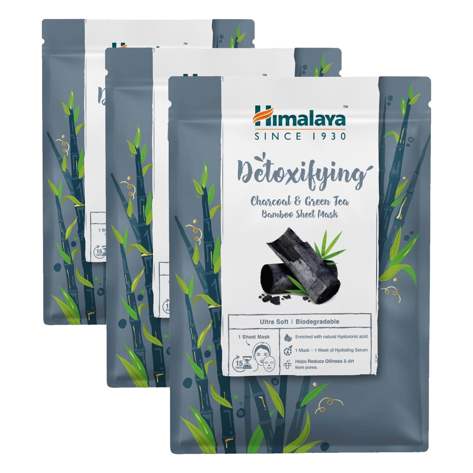 Himalaya Detox Etkili Kağıt Maske, Aktif Kömür, Yeşil Çay, Hyaluronic Acid, Bambu, Geri Dönüştürüleriblir, Tüm Ciltler, 30 gr 3lü paket