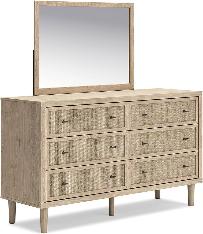Signature Design by Ashley Cielden French Country 6-Drawer Dresser and Mirror with Safety Stop, Light Brown