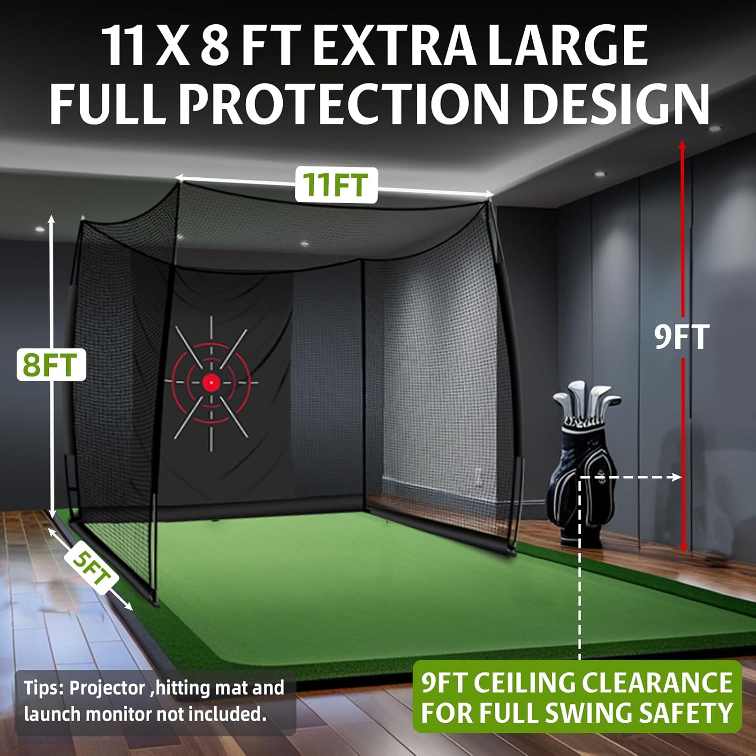 Golf Net, 11x8ft Golf Hitting Net with Target Cloth, Heavy Duty Spacious Golf Practice Cage for Swing Driving, Home Backyard Garage Indoor Outdoor Use