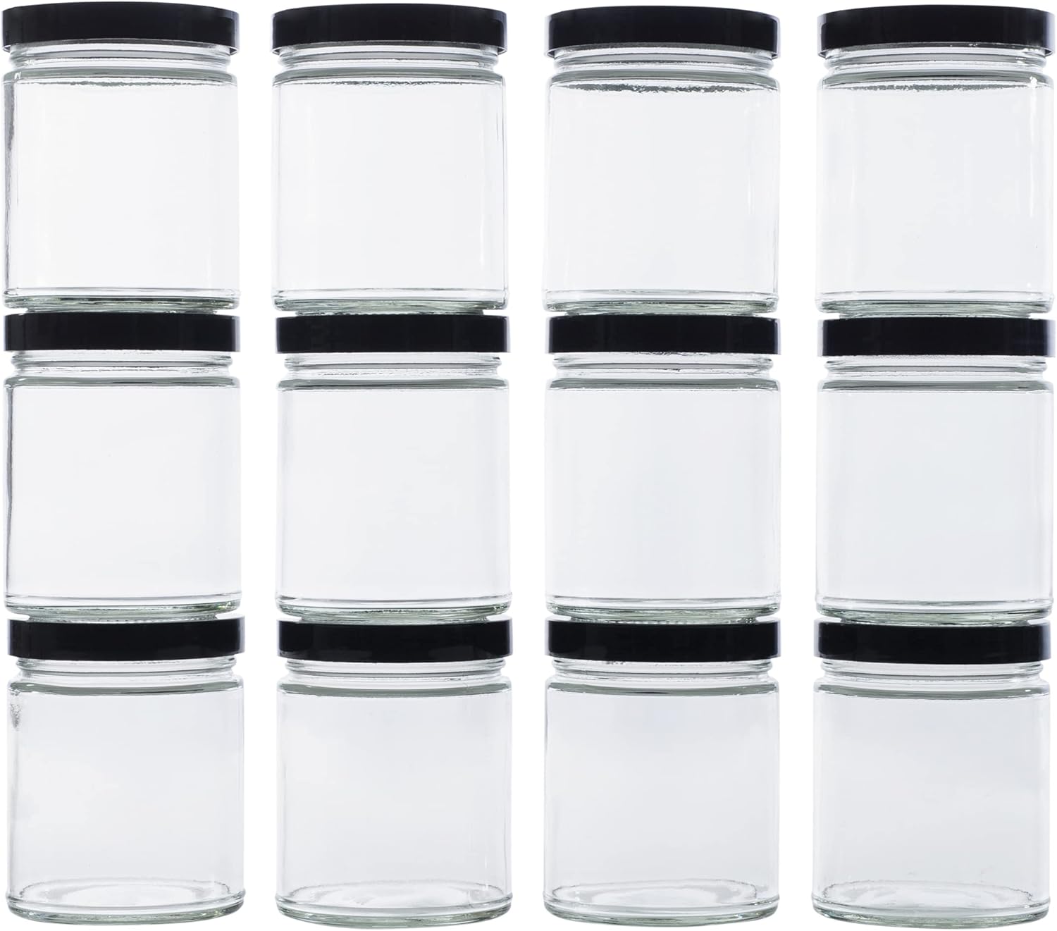 North Mountain Supply Tarros de conservas de vidrio transparente de 9 onzas con tapas de plástico negro de 2.756 in, caja de 12
