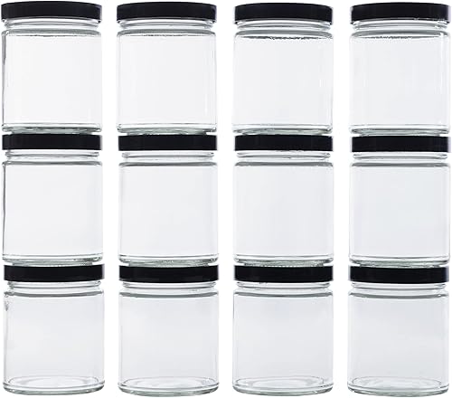 North Mountain Supply Tarros de conservas de vidrio transparente de 9 onzas con tapas de plástico negro de 2.756 in, caja de 12
