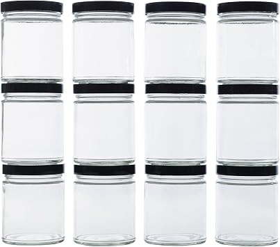 North Mountain Supply 9 Ounce Clear Glass Straight Sided Mason Canning Jars- With 70mm Black Plastic Lids - Case of 12