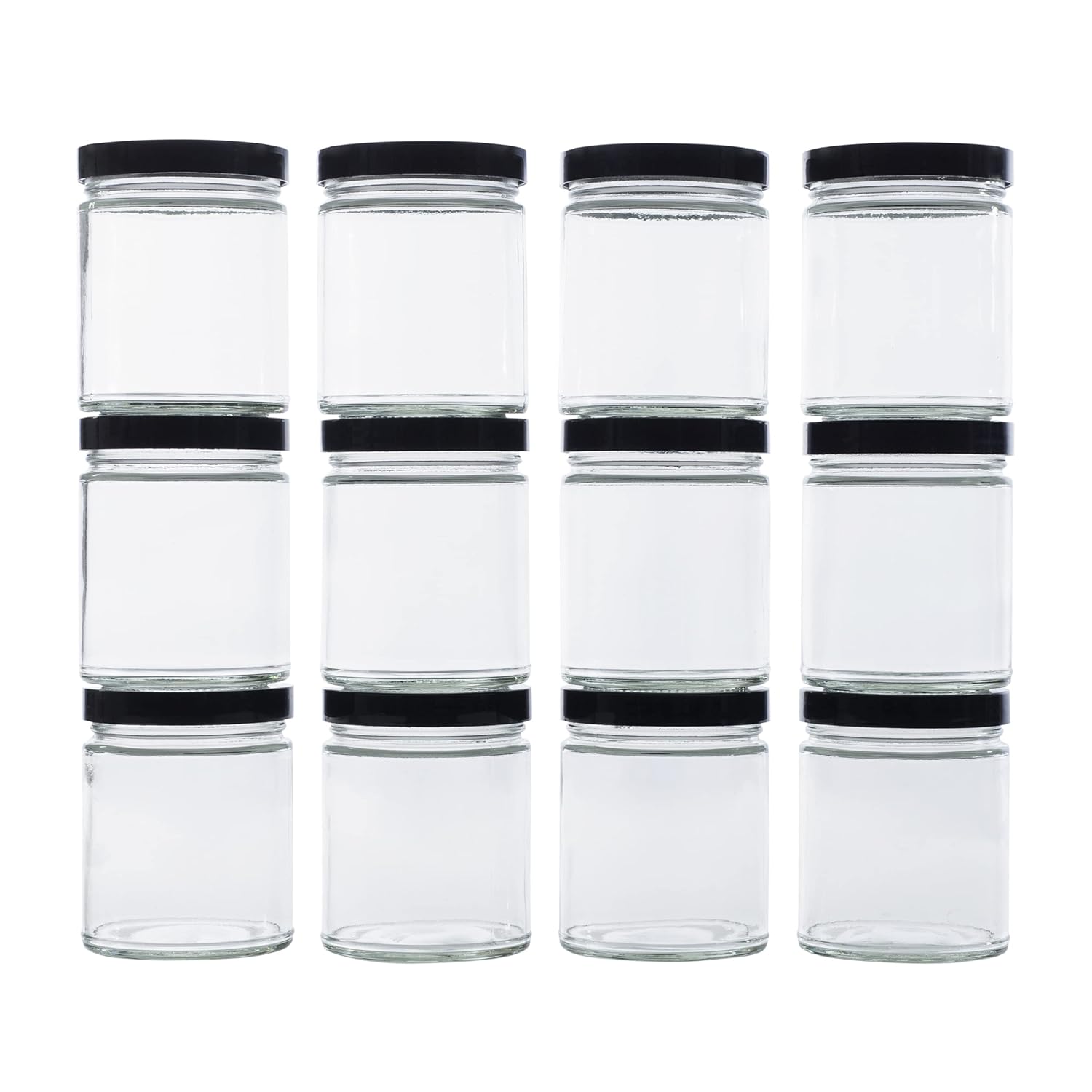 North Mountain Supply 9 Ounce Glass Straight Sided Mason Canning Jars- with 70mm Black Plastic Lids - 132 Jars and Lids (11 Cases of 12)