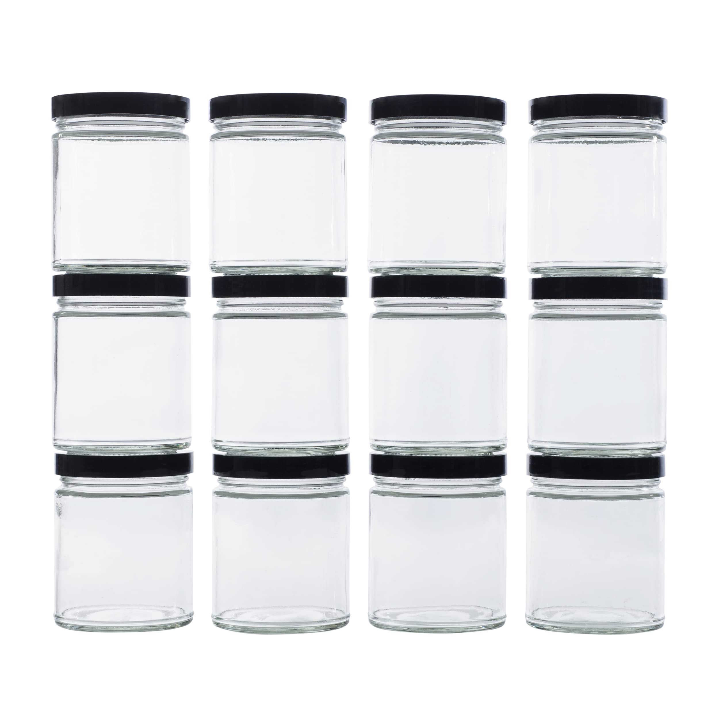 North Mountain Supply 255 ml przezroczyste szklane proste słoiki do konserw - z 70 mm czarnymi plastikowymi pokrywkami - opakowanie 12 sztuk
