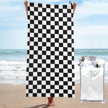 Checkered Black and White Microfiber Beach Towel Extra Large 31.5X63-Quick Dry Lightweight Towel, Compact Fast Drying Towel for Travel, Swimming Pool