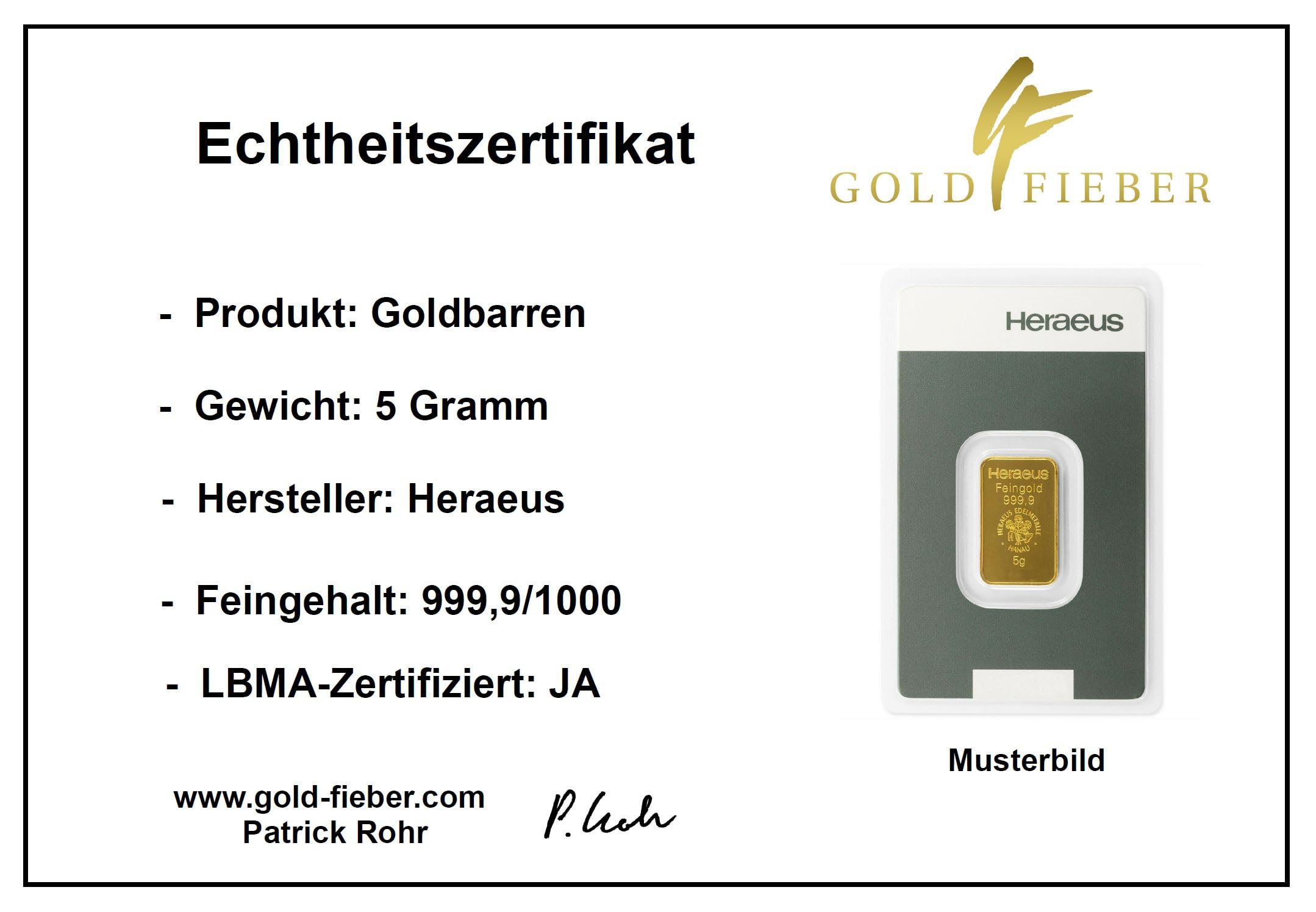 5 Gramm Goldbarren Heraeus in Blister - Feingold 999.9-5g Gold - Prägefrisch - LBMA Zertifiziert - NEU
