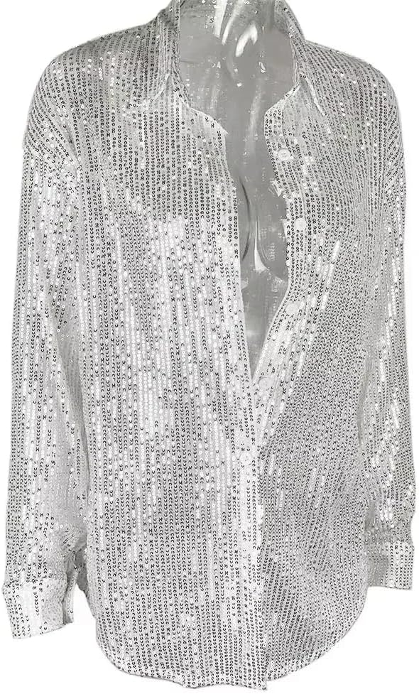 AMPOSSTO Womens Sequins Long Sleeve Collared Shirt Button Down Open Front Shirt Loose Blouses Shirst Tops