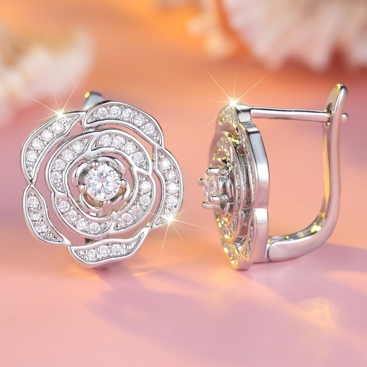 Crystal Rose Flower Hoop Earrings for Women - Sterling Silver Pin Bright Cubic Zirconia Floral Camellia Huggie Hoops Earring Dainty Jewelry for Her - Image 4