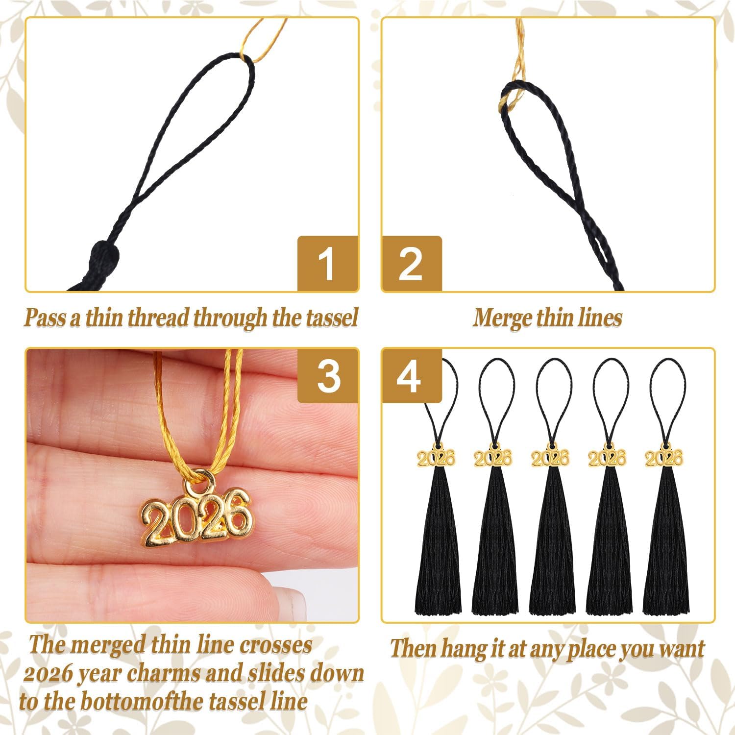 Mini Graduation Tassels,100PCS Academic Graduation Cap Hat Tassel with 2026 Gold Charm for Crafts Mini Silky Bookmark for Graduated Cap Keychain Ornaments DIY Craft(Black)
