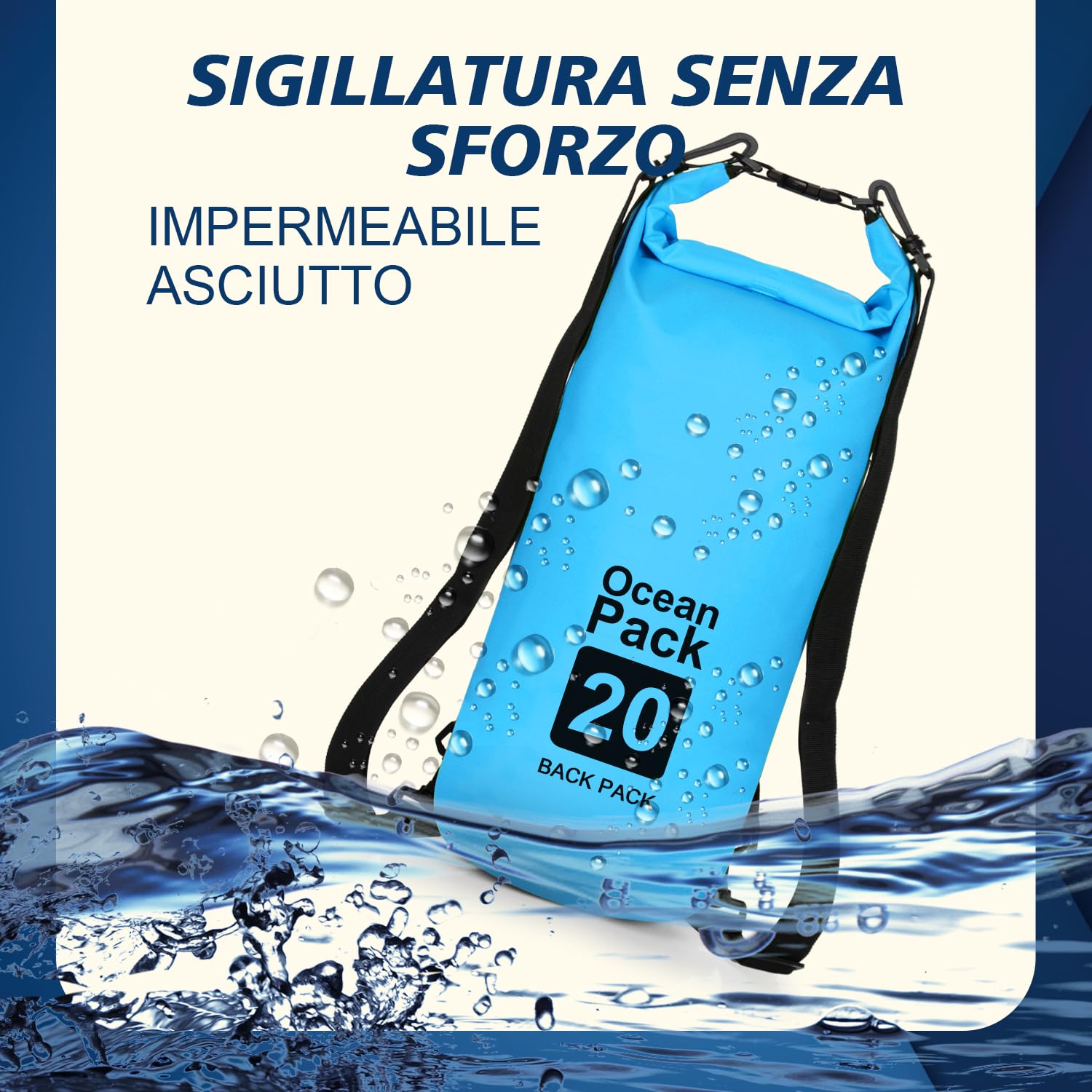 supregear Dry Bag, 20L Borsa Impermeabile, Resistente All'acqua, Zaino Versatile con Doppia Tracolla per Barche, Escursioni, Kayak, Pesca, Campeggio e Altre Avventure All'aperto, Blu