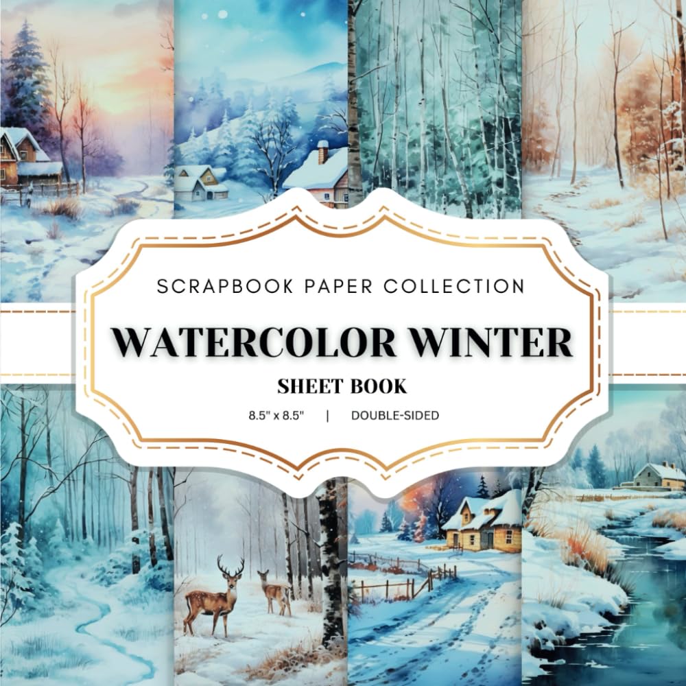 Watercolor Winter Scrapbook Paper Collection: 20 Winter Themed Double-sided sheets, 8.5 x 8.5 (21.59 x 21.59 cm) Winter Woodland Landscape Craft Paper