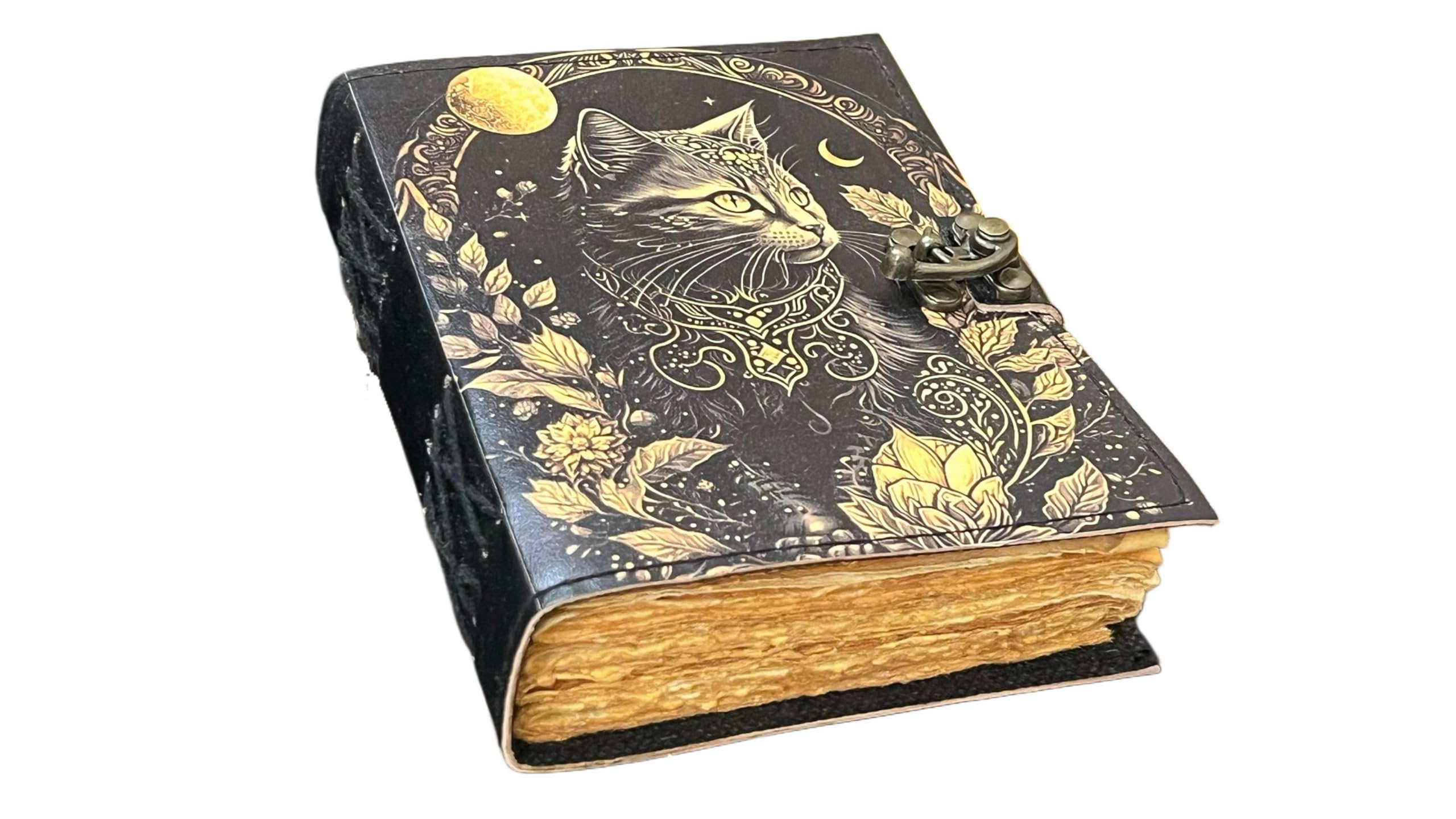 Celtic Magic Cat Sun and Moon Leather Journal – Blank Spell Book of Shadows Grimoire – Handmade Vintage Leather Sketchbook – 200 Unlined Deckle Edge Pages – Gift for Him or Her (Celtic Cat)