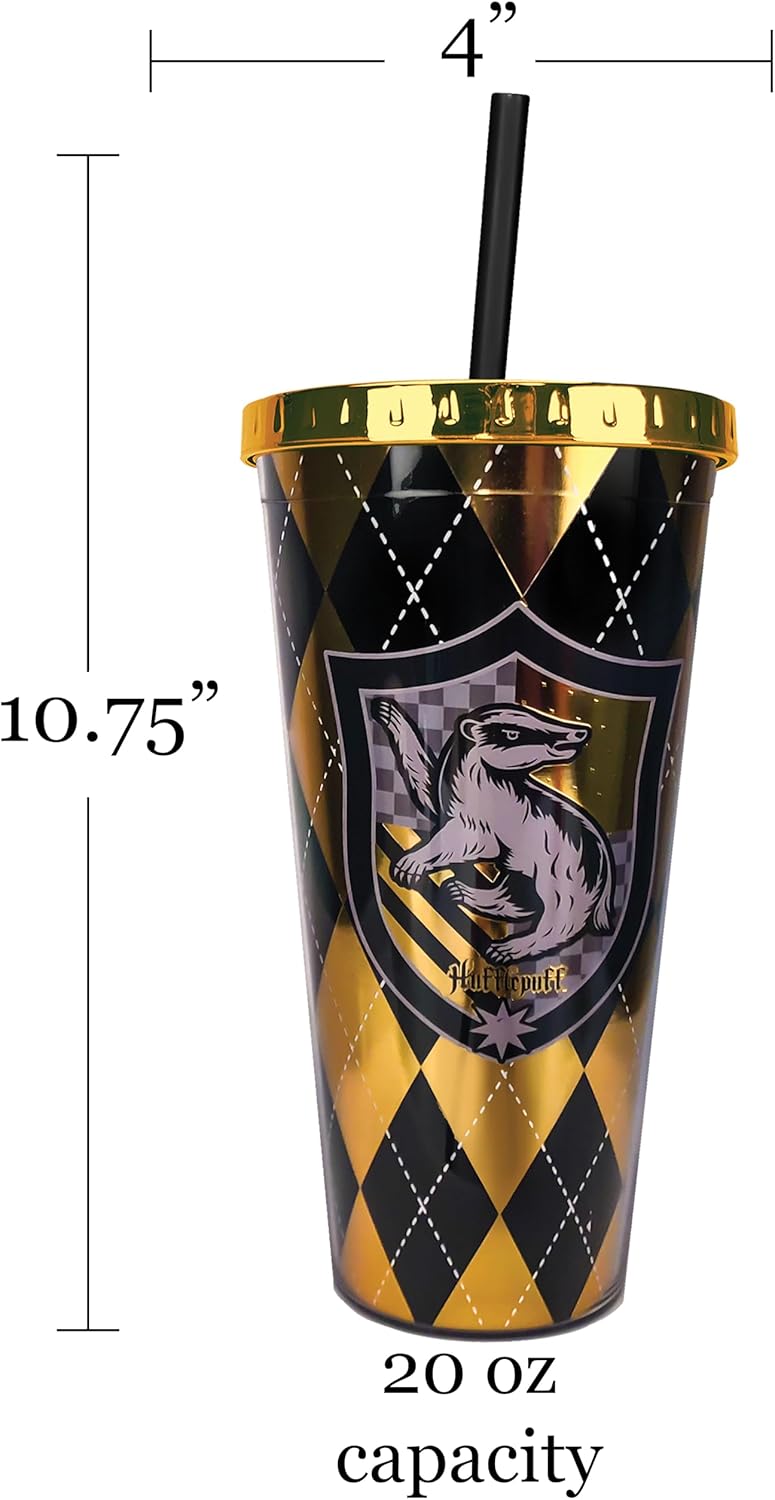 Spoontiques Harry Potter Acrylic Foil Cup with Straw, 20oz - Metallic Locking, Double Wall Insulated, BPA Free - Hufflepuff - Image 2