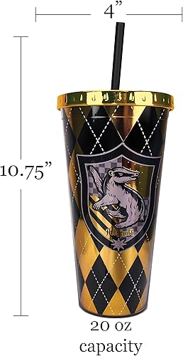 Miniatura 2 de Spoontiques Harry Potter - Vaso de aluminio, con pajilla y diseño de Hufflepuff, 20 onzas, acrílico, color amarillo