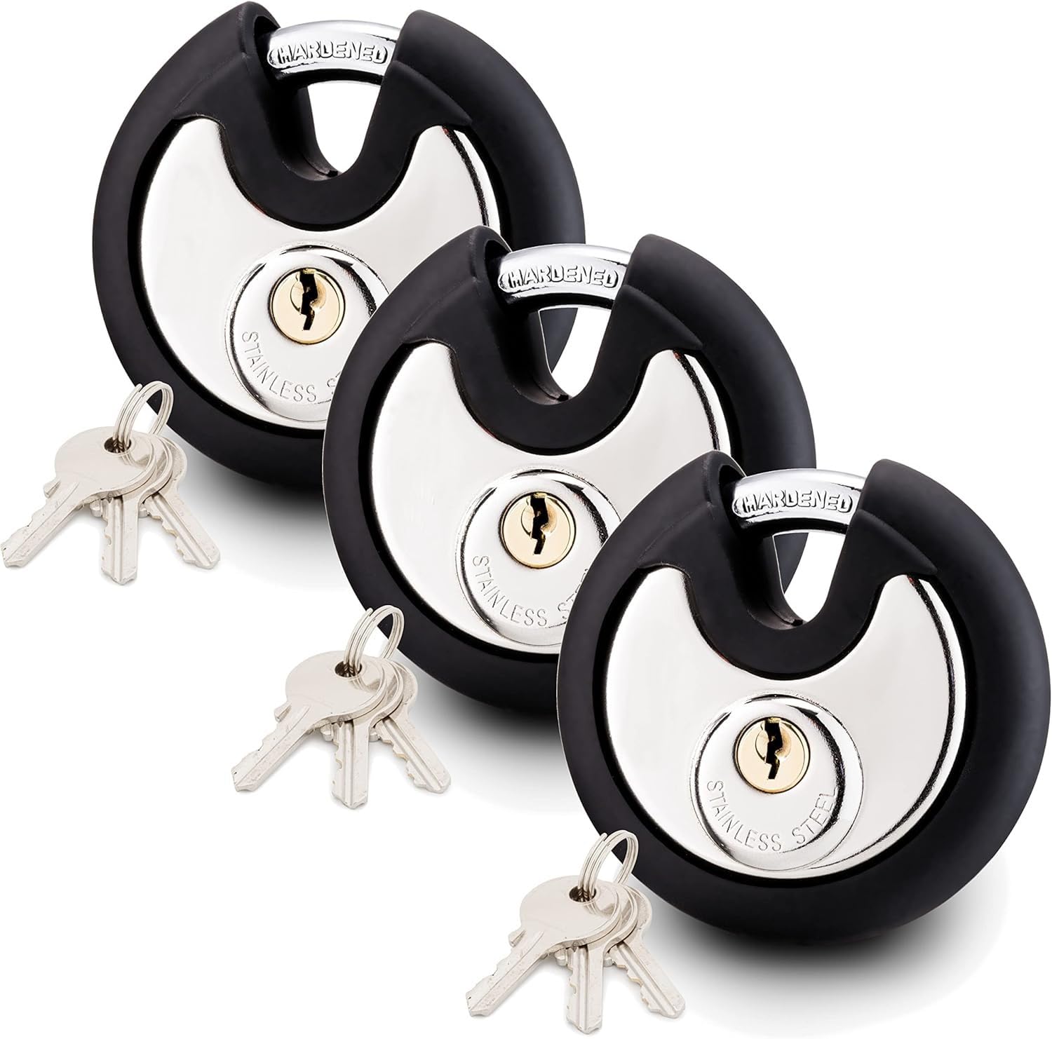 Satargo Heavy Duty Disc Padlock, 74mm Round Lock with Rubber Cover, Stainless Steel Body, Hardened Steel Shackle, 3 Keys