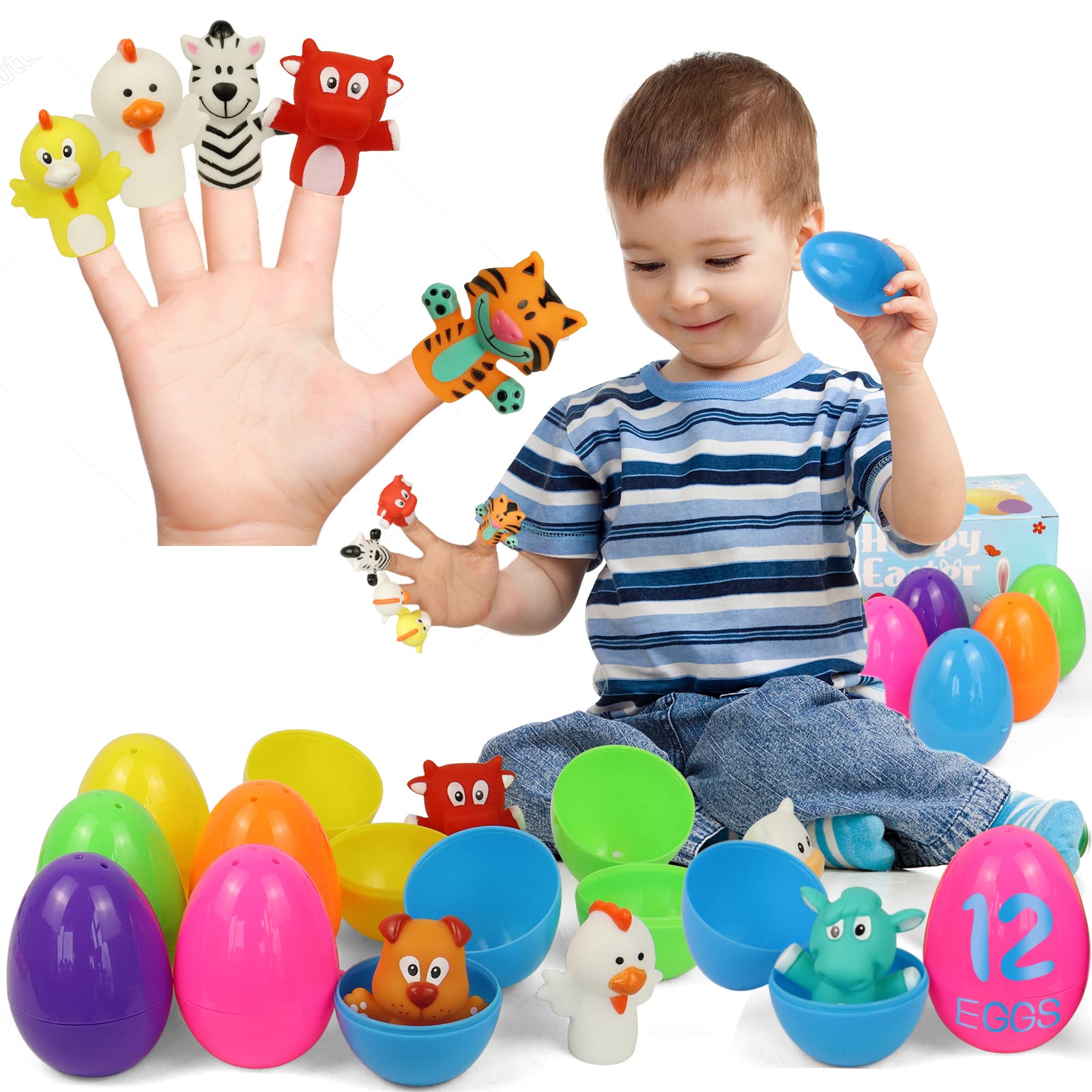 Photo 1 of ALLCOLOR 12 Pcs Easter Egg Finger Animal Puppets,Prefilled Easter Eggs Basket Stuffers,Easter Hunt Toys for Toddlers, Easter Party Favors Classroom Exchange Prize Gifts for Kids Boys Girls