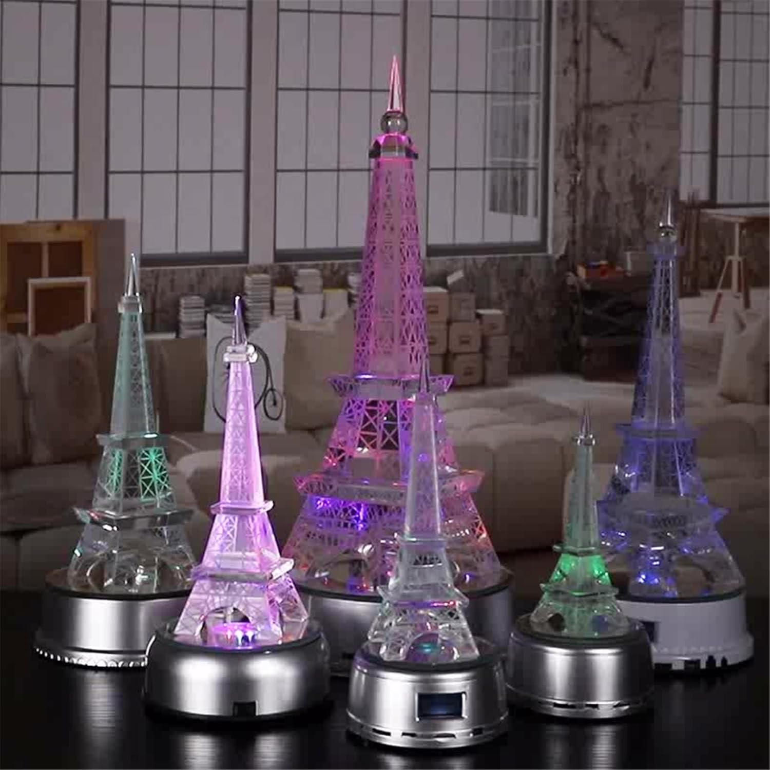 Eiffel Tower Statue 8-11 inch MP4 Colorful lamp Base Crystal Tower Body Desk Bedroom Decoration Color Paris Fashion Style (11 inch (Rotating Music Light Stand))